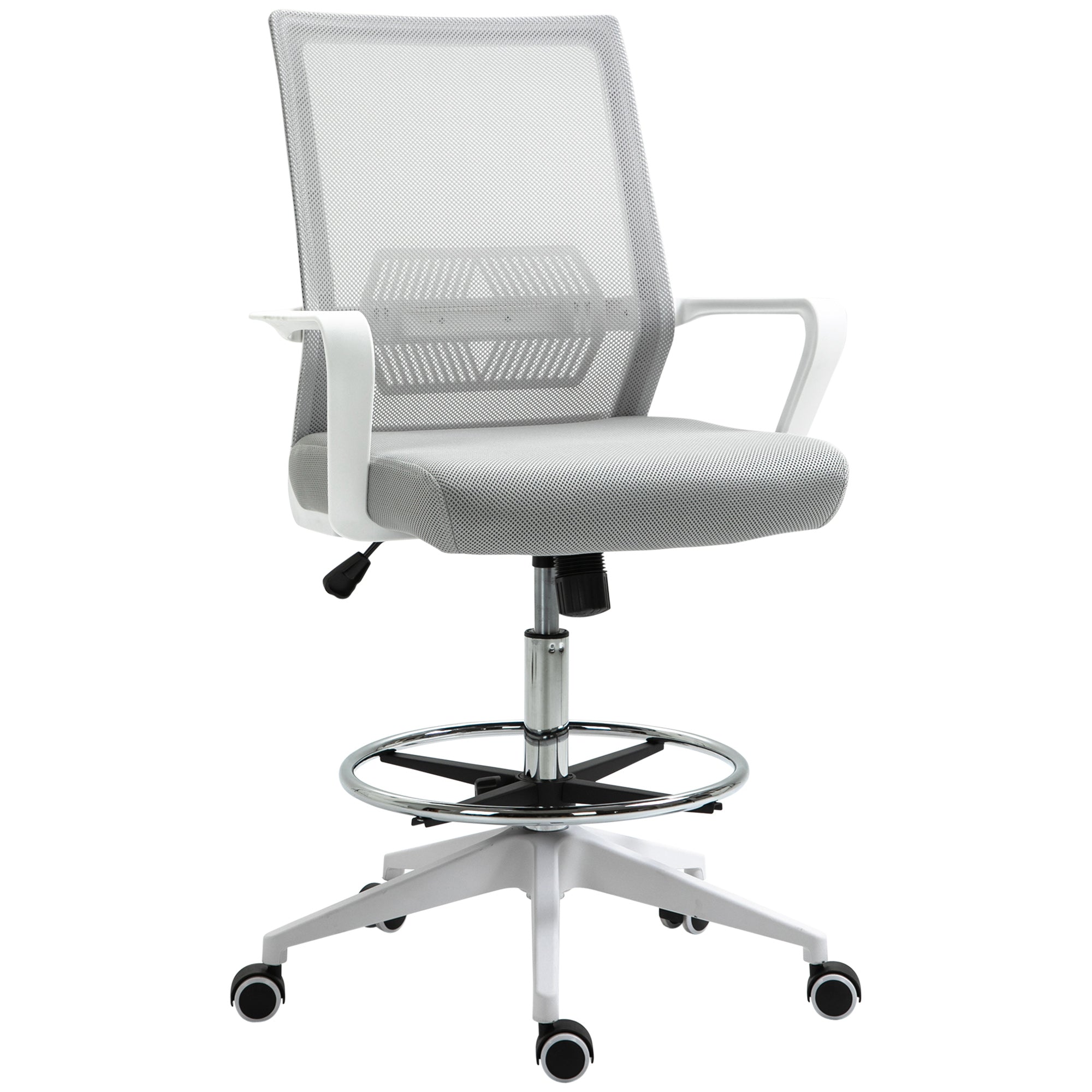 High-seat office chair adjustable high seat office chair dim. 64L x 59W x 104-124H cm swivel office stool 360° breathable mesh gray and white