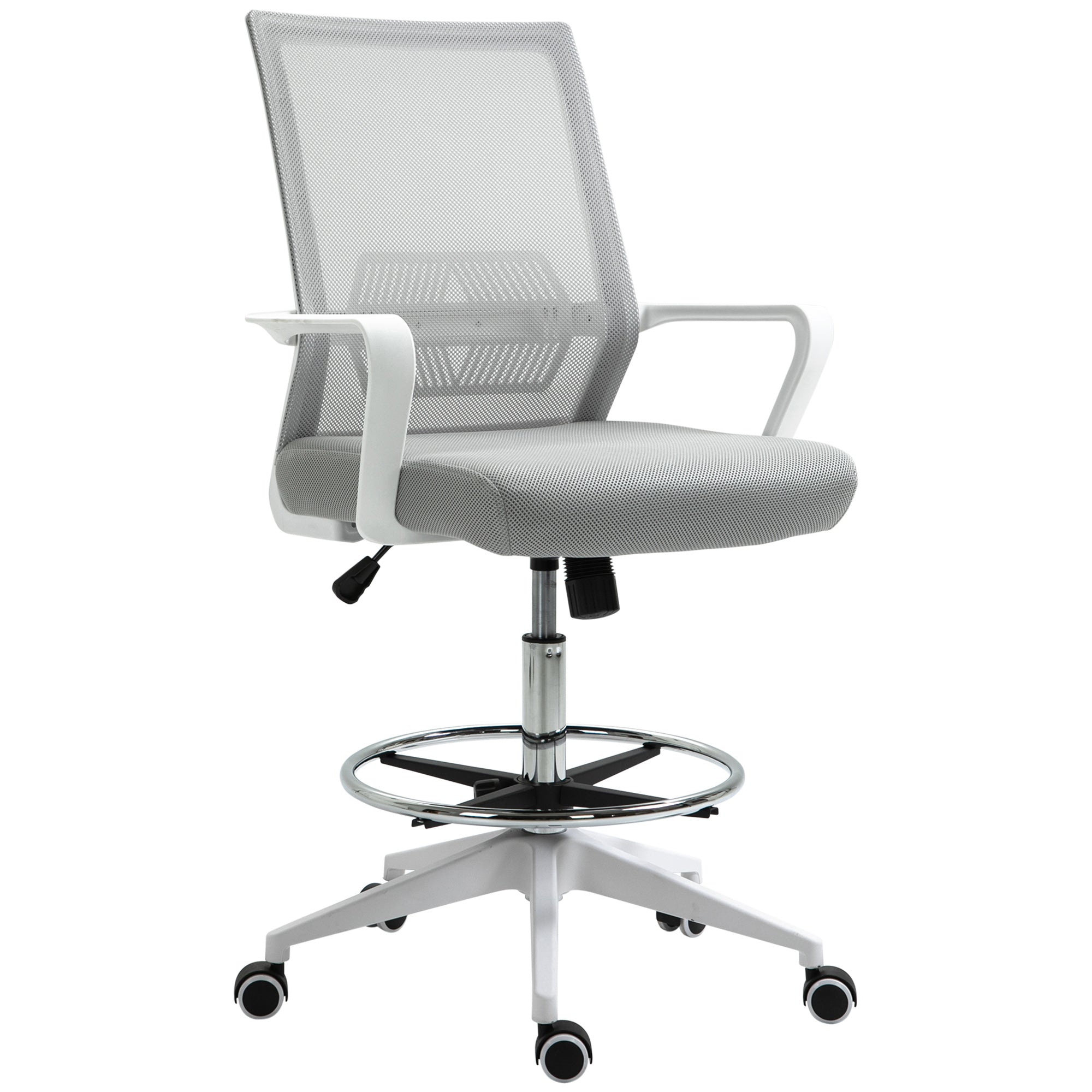 High-seat office chair adjustable high seat office chair dim. 64L x 59W x 104-124H cm swivel office stool 360° breathable mesh gray and white