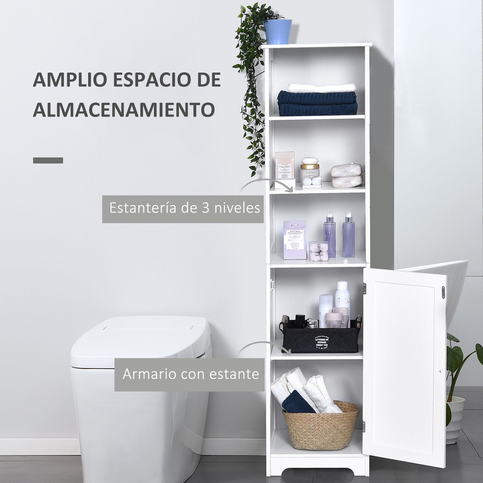 Tall Bathroom Cabinet 5-Level Bathroom Auxiliary Column with 3 Shelves 1 Door and Adjustable Inner Shelf 40x38x160 cm White