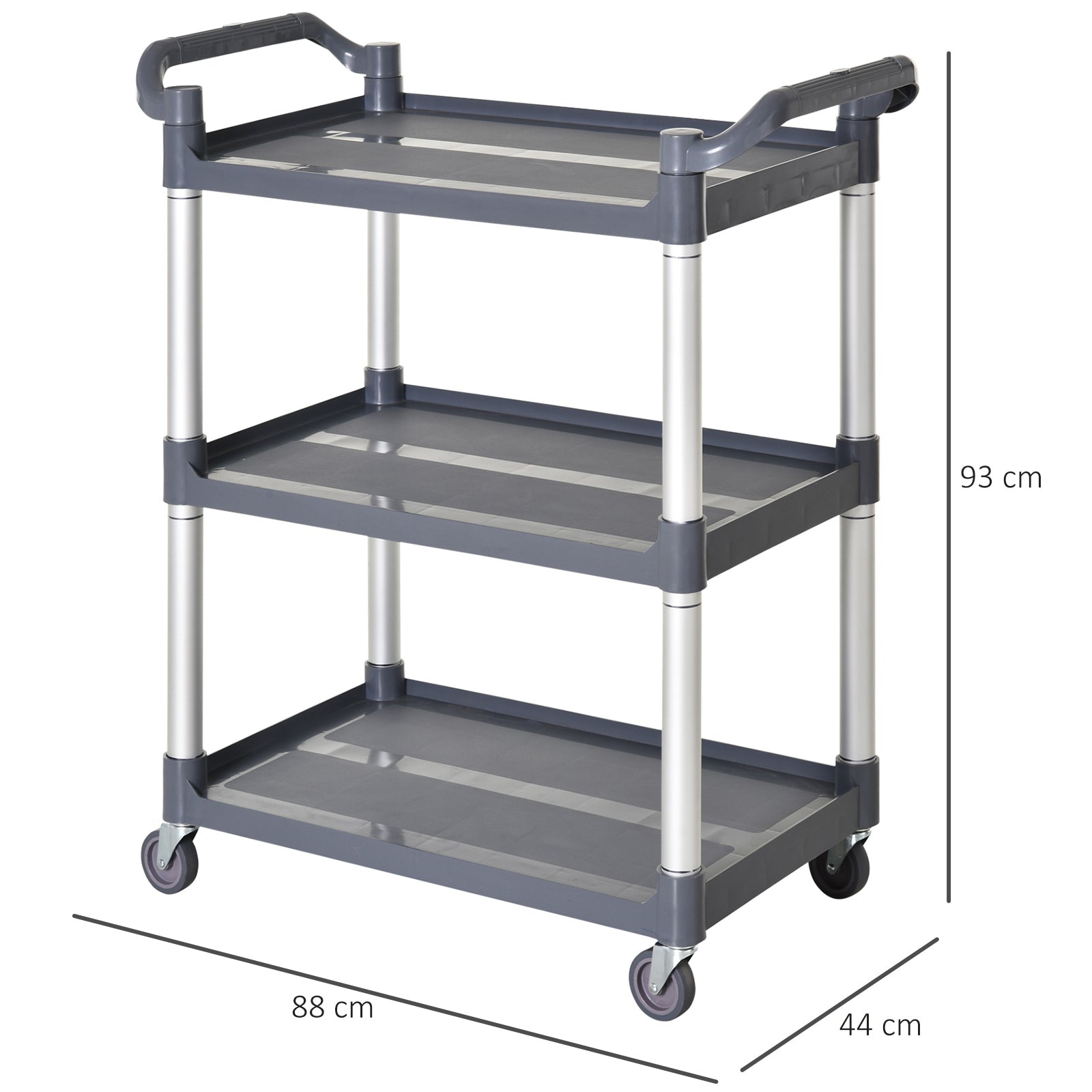 3-Tier Aluminum Alloy Wheeled Utility Cart Kitchen Storage Cart Load 105 kg for Dining Room Bathroom 88x44x93 cm Gray