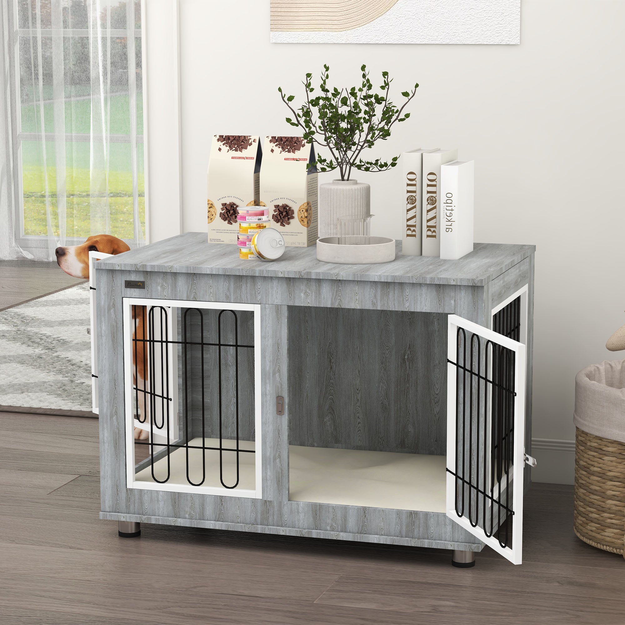 Dog Crate Furniture with 2 Doors Cushion 2 Locks Metal Dog Box for Home Indoor Dog House for Large Dogs up to 25 kg Side Table Dog House 90 x 58 x 65 cm Gray