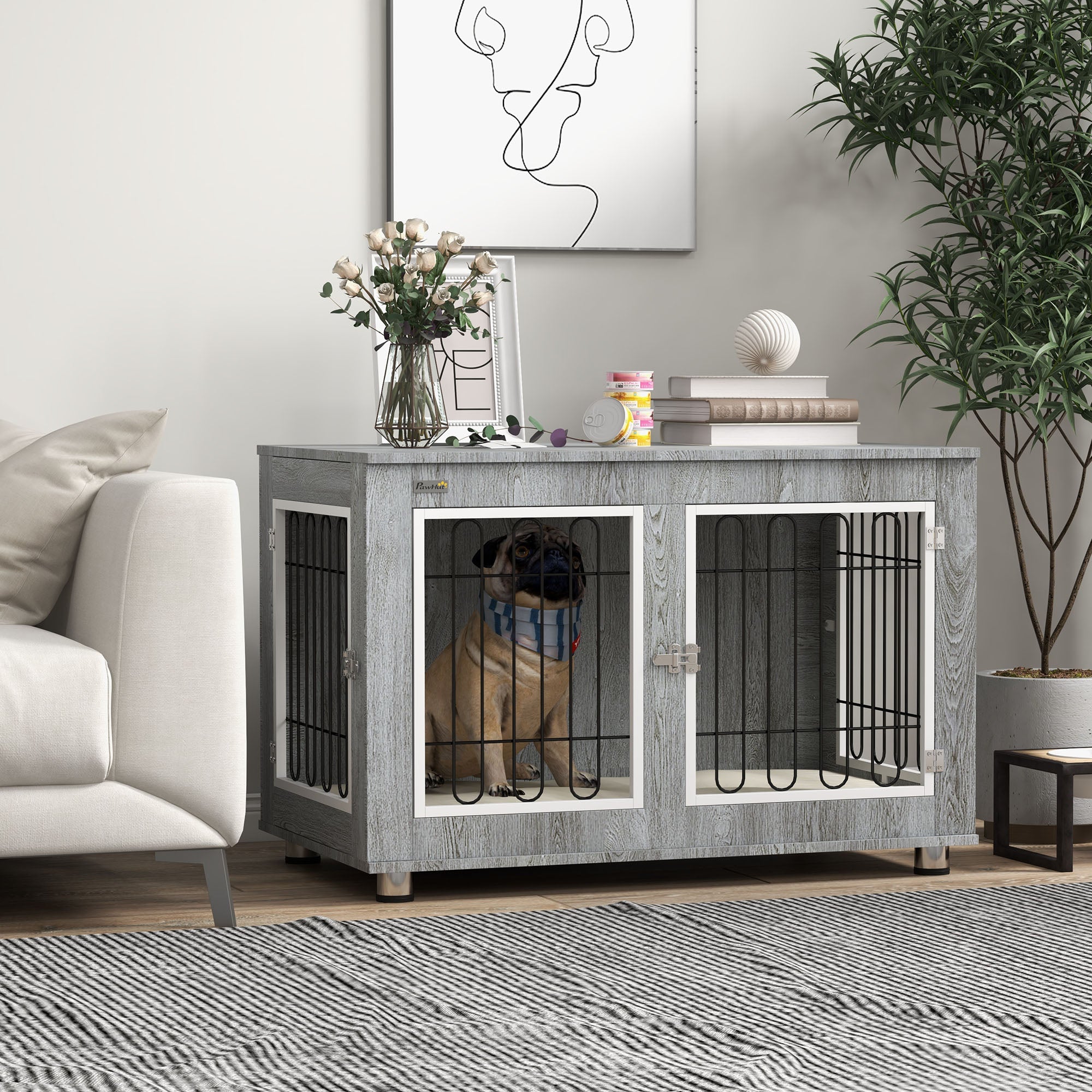 Dog Crate Furniture with 2 Doors Cushion 2 Locks Metal Dog Box for Home Indoor Dog House for Large Dogs up to 25 kg Side Table Dog House 90 x 58 x 65 cm Gray