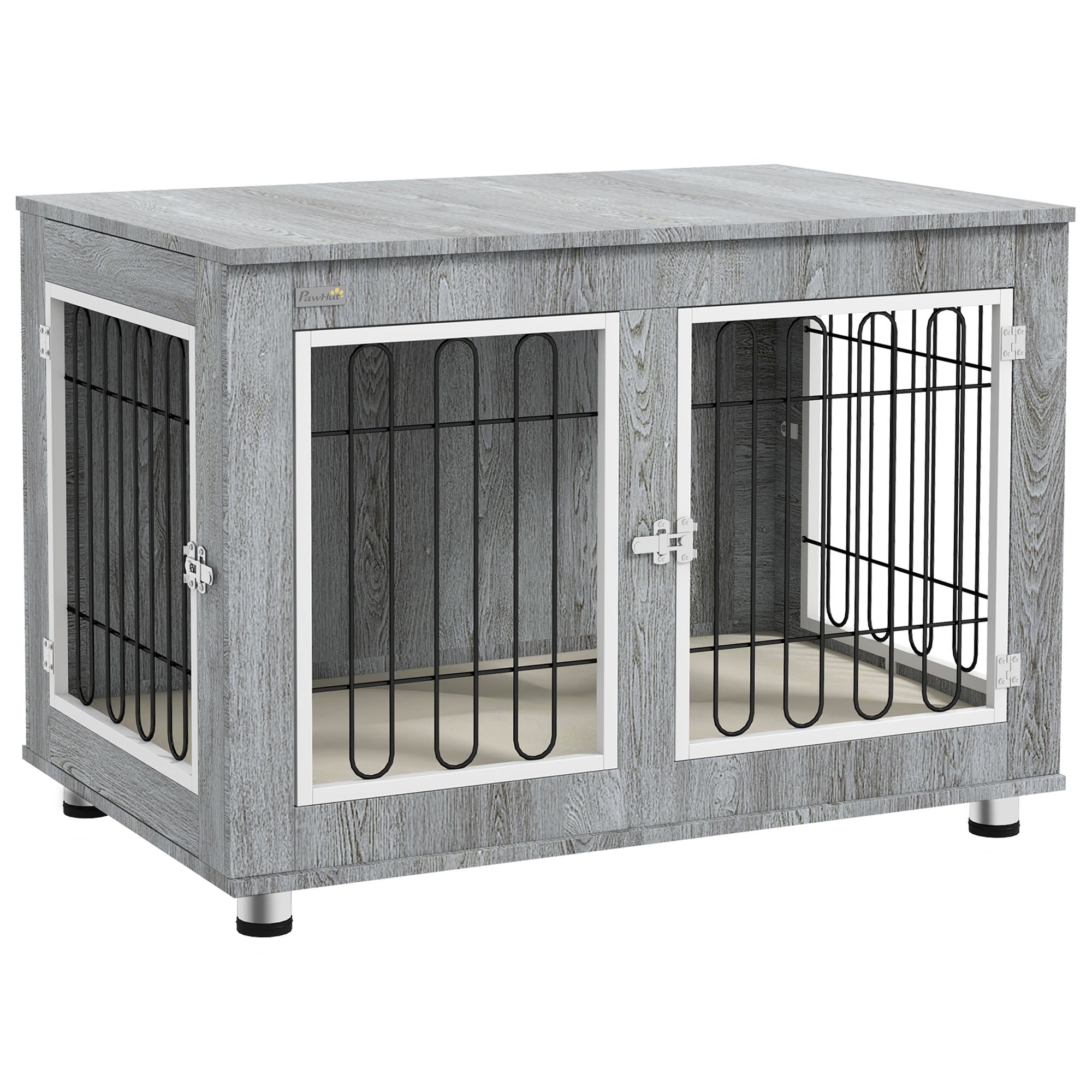 Dog Crate Furniture with 2 Doors Cushion 2 Locks Metal Dog Box for Home Indoor Dog House for Large Dogs up to 25 kg Side Table Dog House 90 x 58 x 65 cm Gray