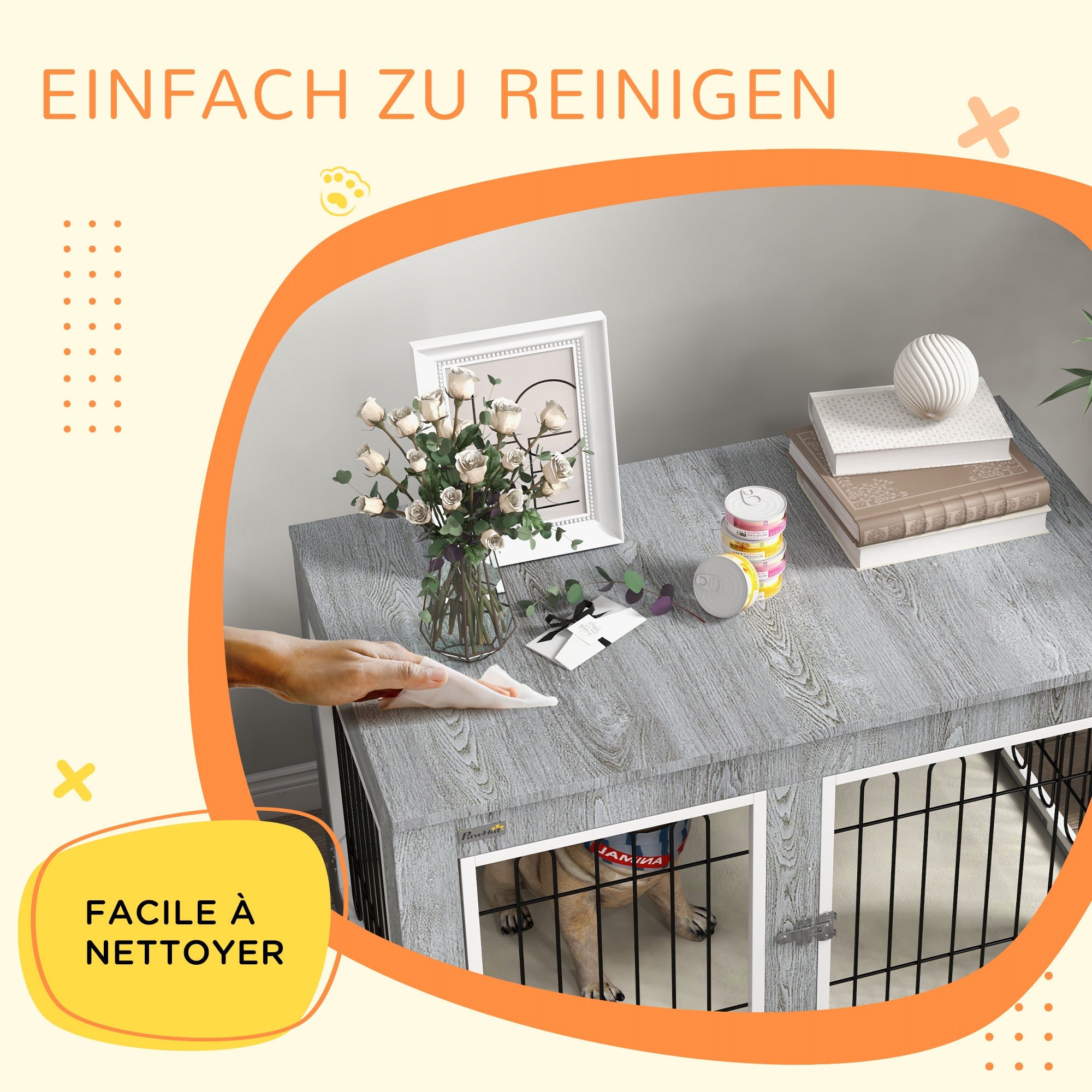 Dog Crate Furniture with 2 Doors Cushion 2 Locks Metal Dog Box for Home Indoor Dog House for Large Dogs up to 25 kg Side Table Dog House 90 x 58 x 65 cm Gray