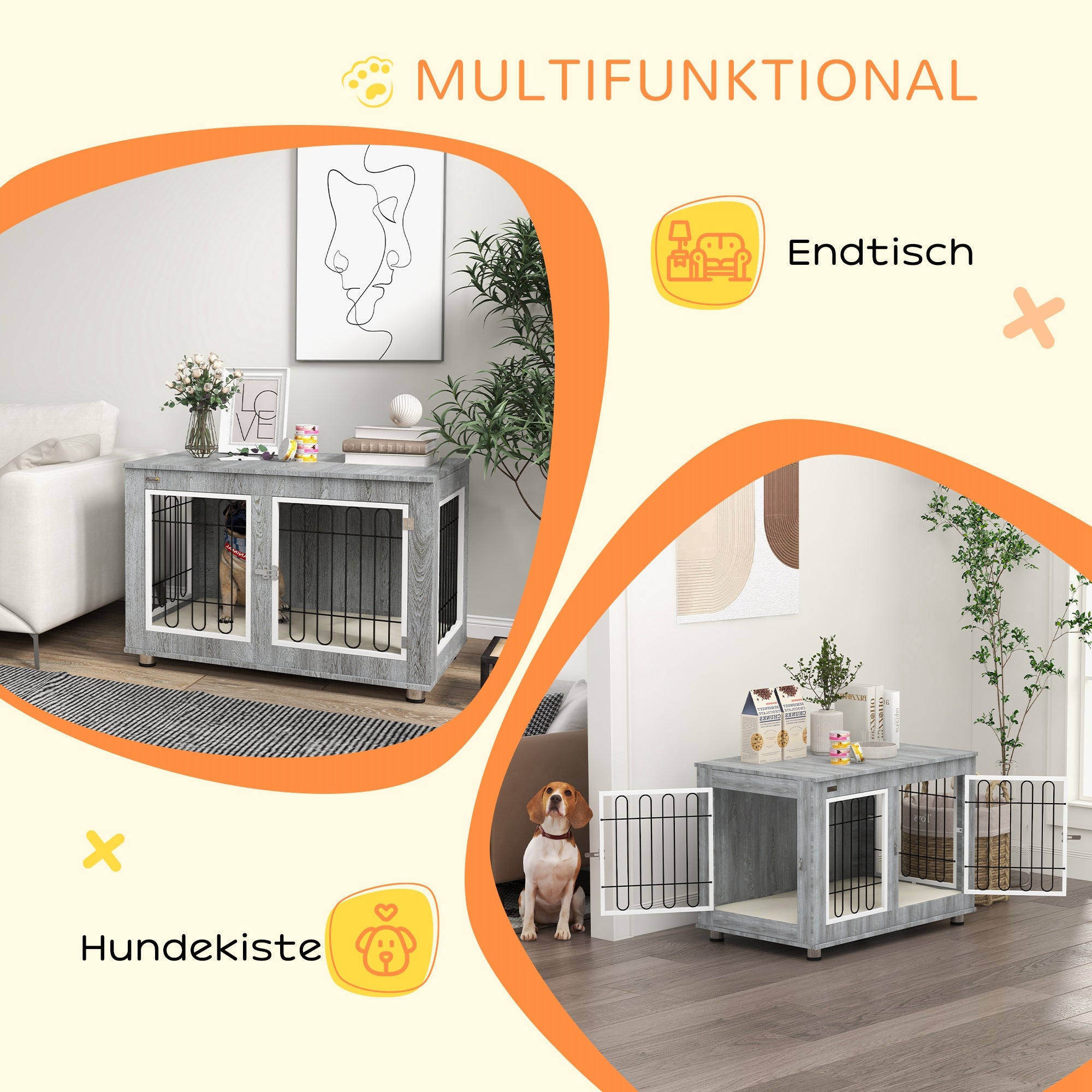 Dog Crate Furniture with 2 Doors Cushion 2 Locks Metal Dog Box for Home Indoor Dog House for Large Dogs up to 25 kg Side Table Dog House 90 x 58 x 65 cm Gray