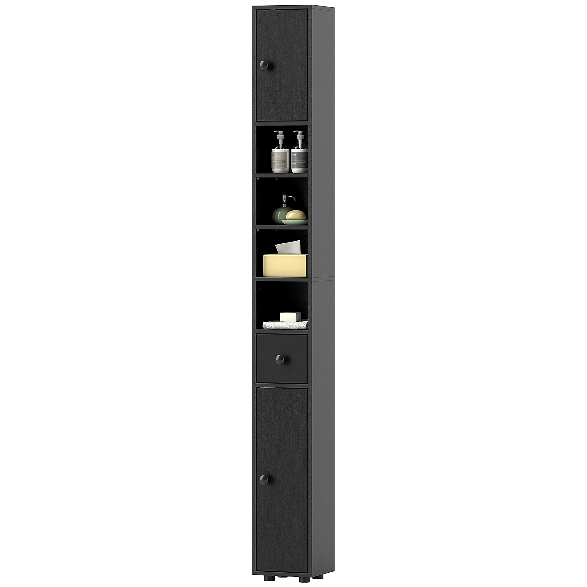 Slim Bathroom Cabinet, Tall Toilet Cupboard with Drawer and 4 Open Shelves, Space-Saving Bathroom & Living Room Storage, 8 x 8 x 71 in (20 x 20 x 180 cm), Black