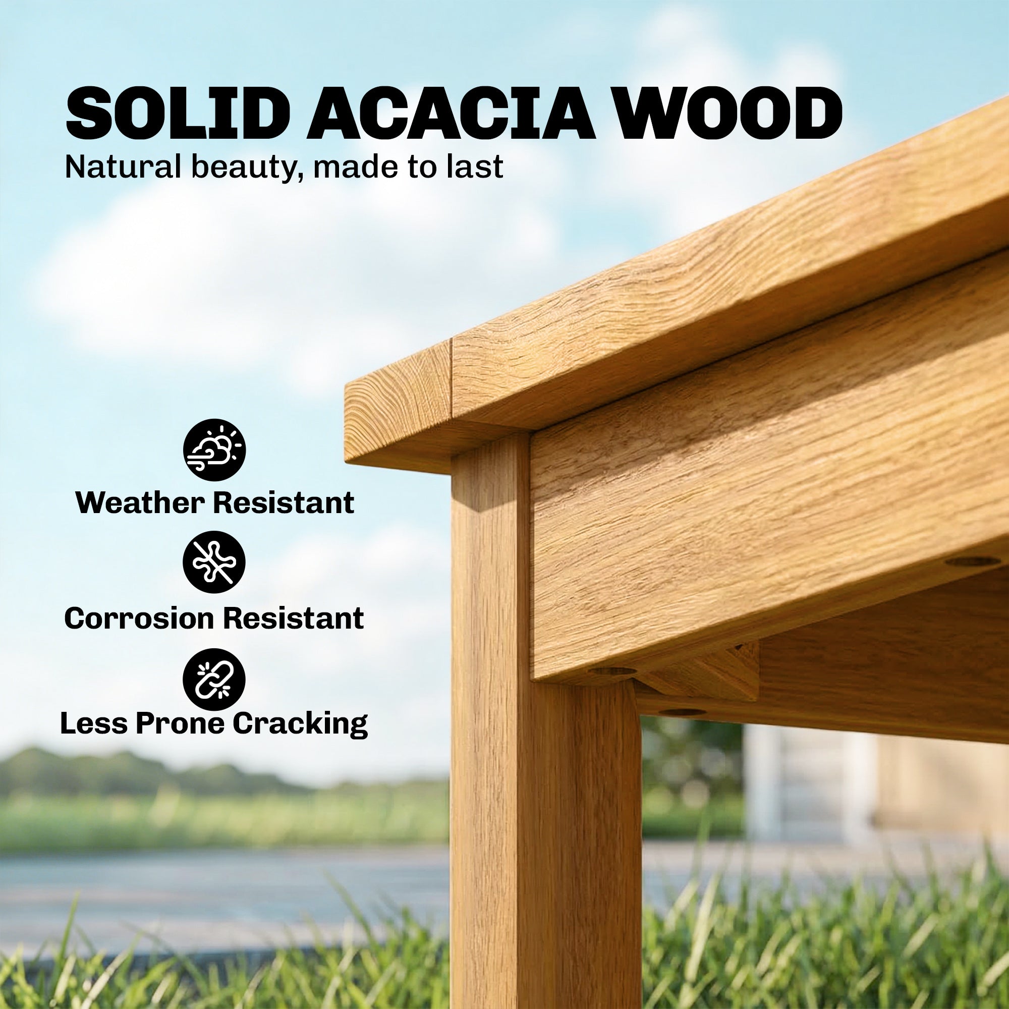Square Side Table 48 x 48 x 46 cm (19 x 19 x 18.1 in), Weatherproof Acacia Wood Garden Table with Slatted Top and Adjustable Feet, Holds 30 kg (66 lb)