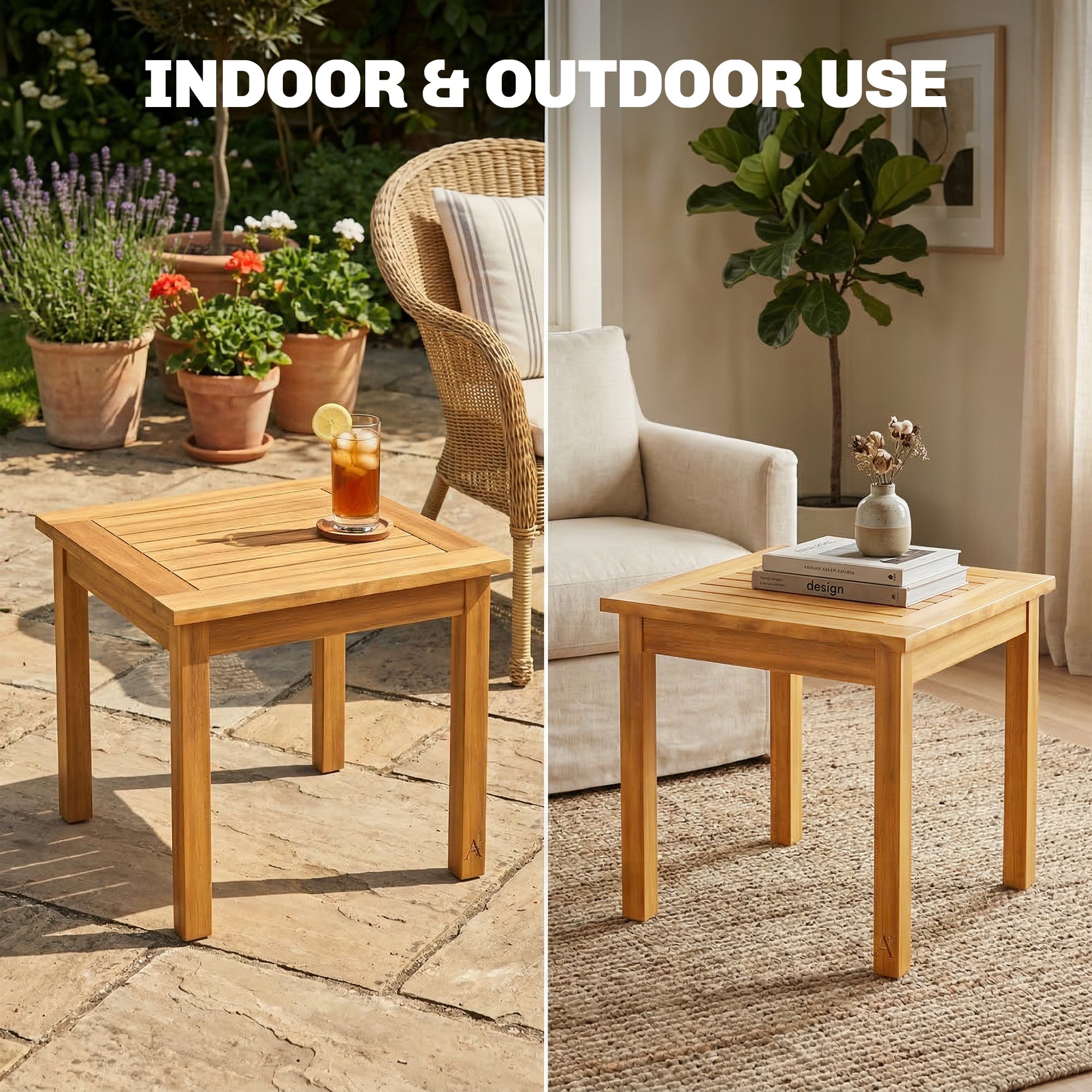 Square Side Table 48 x 48 x 46 cm (19 x 19 x 18.1 in), Weatherproof Acacia Wood Garden Table with Slatted Top and Adjustable Feet, Holds 30 kg (66 lb)