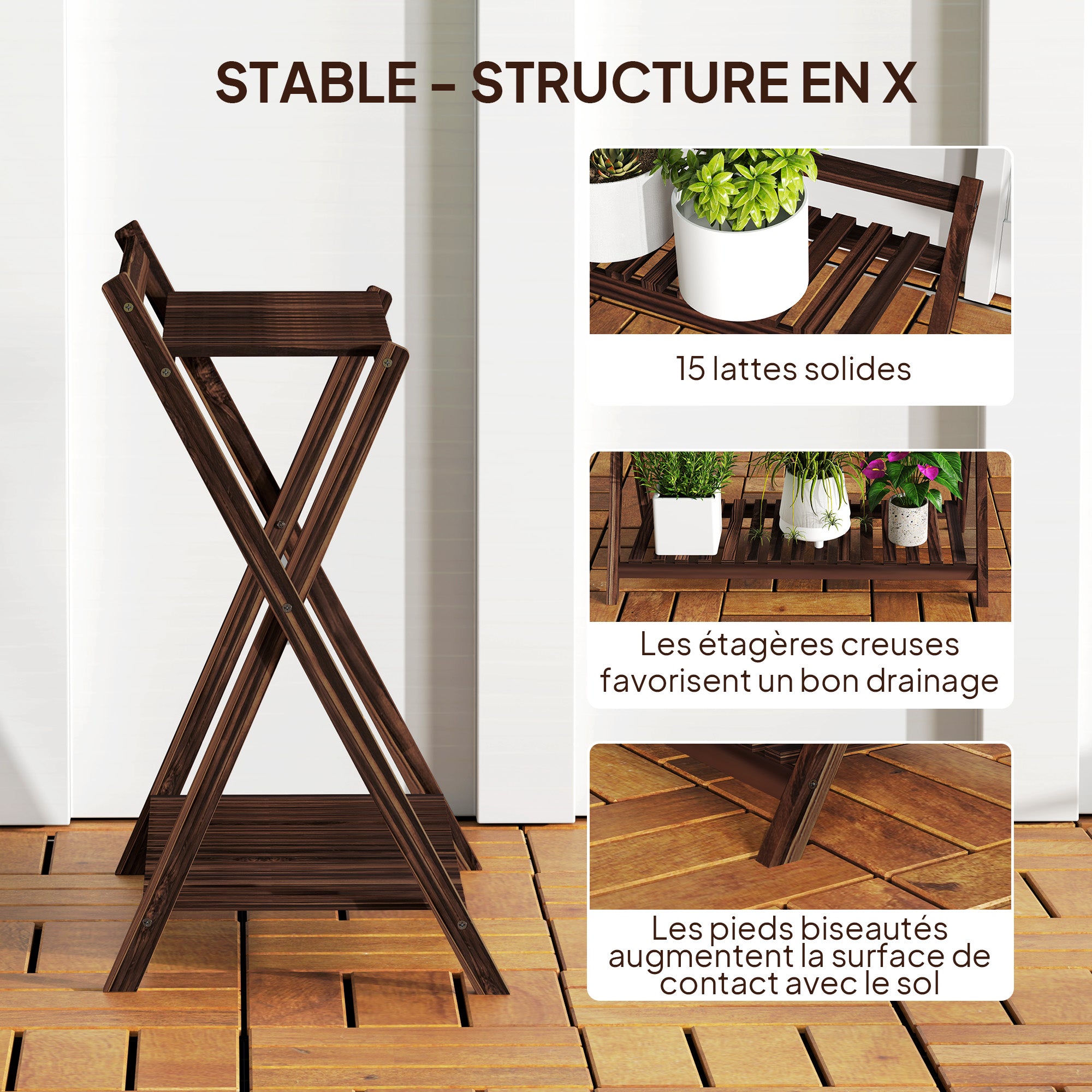 Set of 2 indoor plant stands 2 levels, wooden plant shelves with back support, indoor and outdoor plant stand, for garden, balcony, living room, brown