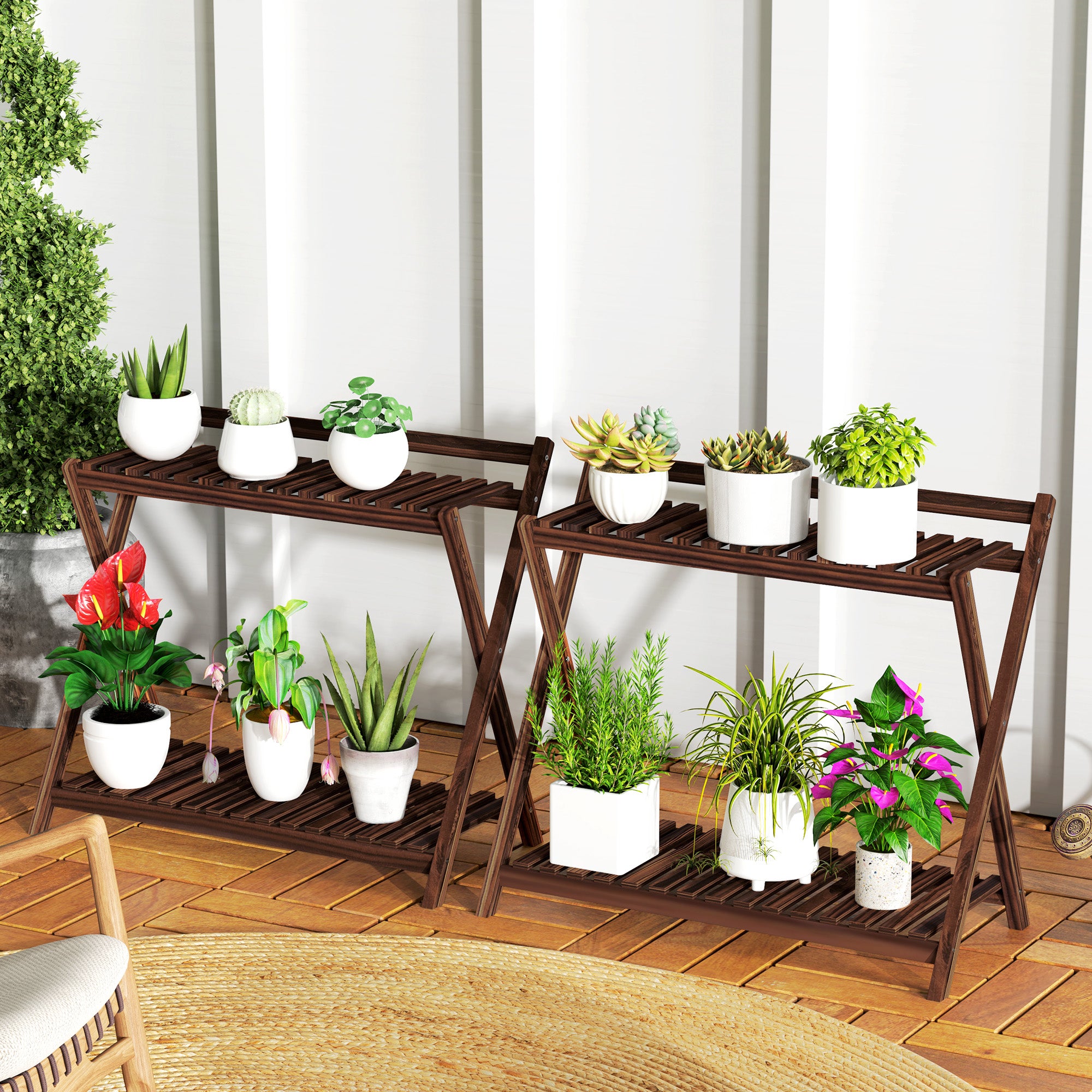 Set of 2 indoor plant stands 2 levels, wooden plant shelves with back support, indoor and outdoor plant stand, for garden, balcony, living room, brown