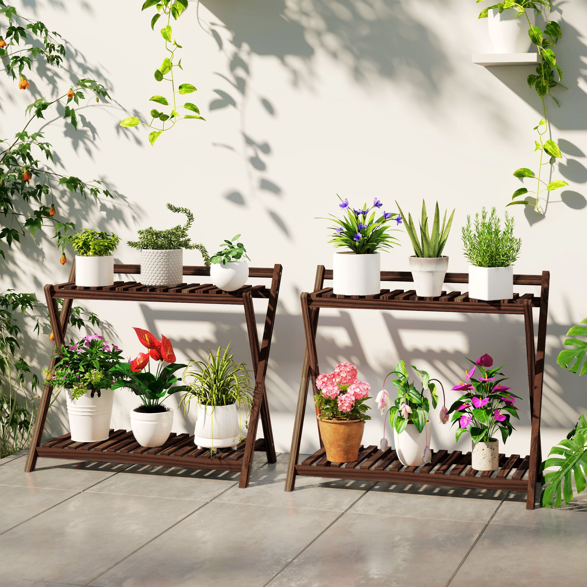 Set of 2 indoor plant stands 2 levels, wooden plant shelves with back support, indoor and outdoor plant stand, for garden, balcony, living room, brown