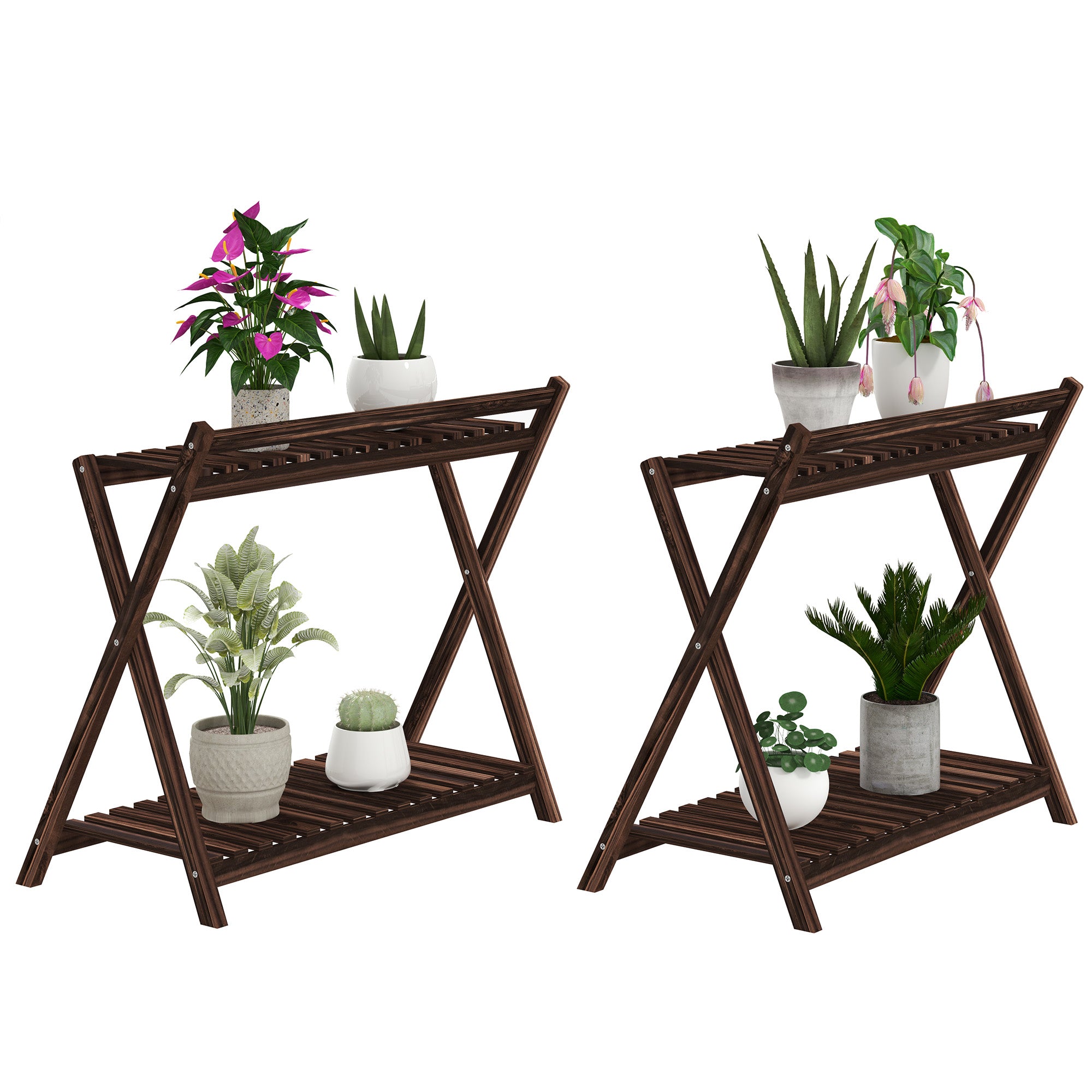 Set of 2 indoor plant stands 2 levels, wooden plant shelves with back support, indoor and outdoor plant stand, for garden, balcony, living room, brown