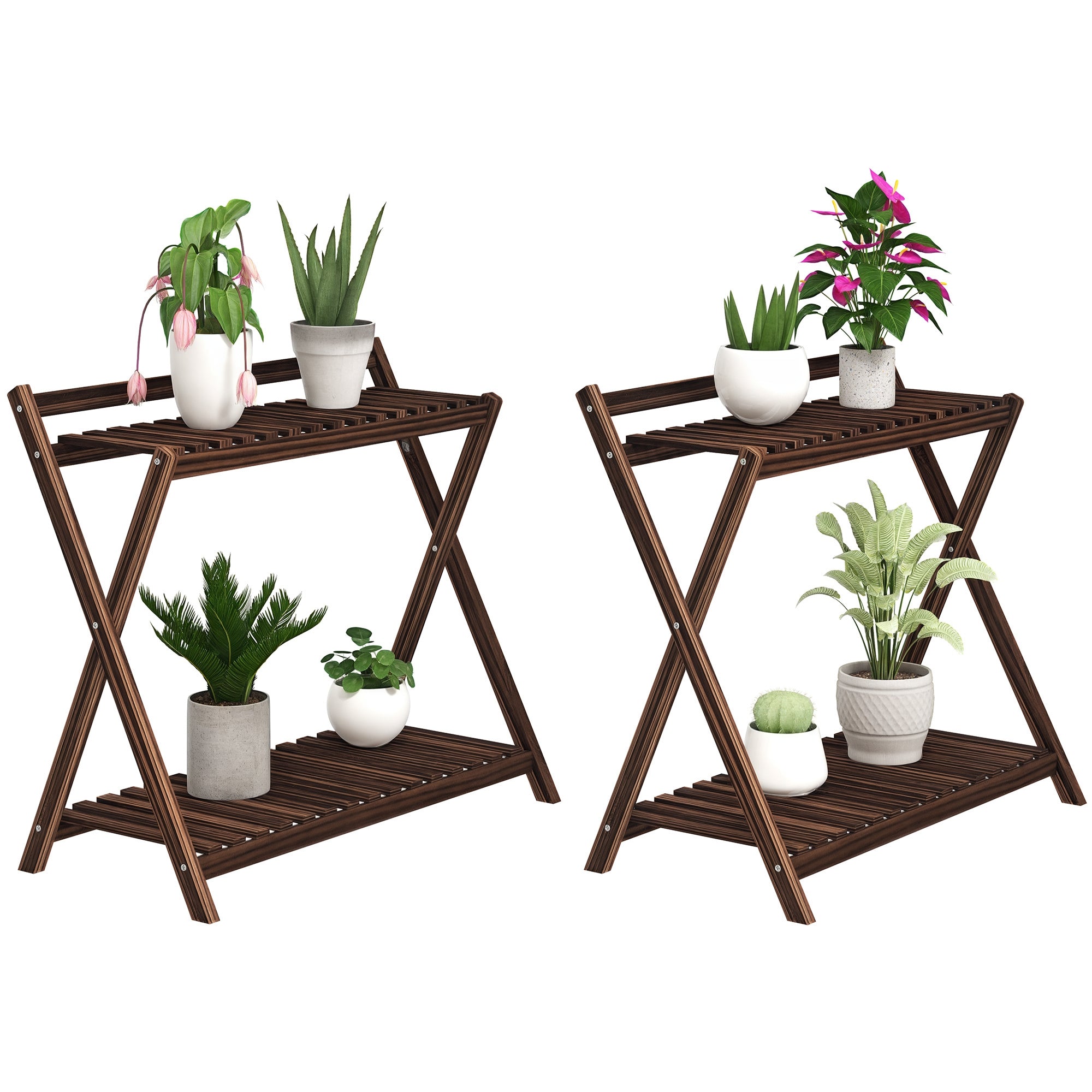 Set of 2 indoor plant stands 2 levels, wooden plant shelves with back support, indoor and outdoor plant stand, for garden, balcony, living room, brown