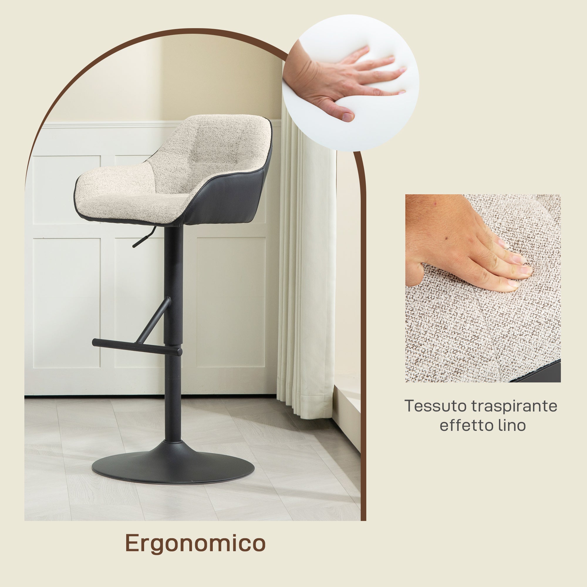 Set of 2 Bar Stools with Backrest, Footrest, and Armrests, Adjustable Swivel High Kitchen Stools in Fabric and PU with Non-Slip Base for Counter, Restaurant, Light Gray