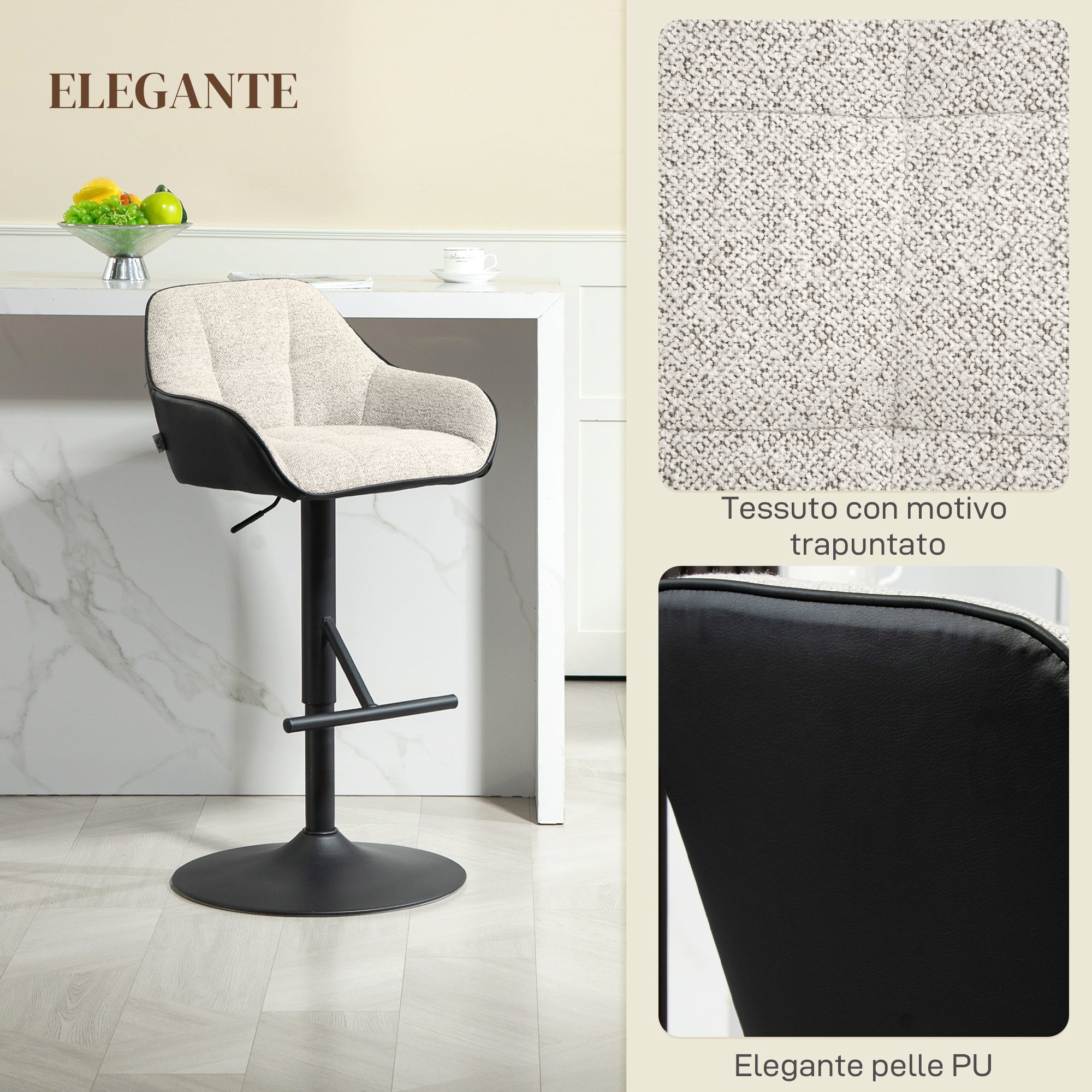 Set of 2 Bar Stools with Backrest, Footrest, and Armrests, Adjustable Swivel High Kitchen Stools in Fabric and PU with Non-Slip Base for Counter, Restaurant, Light Gray