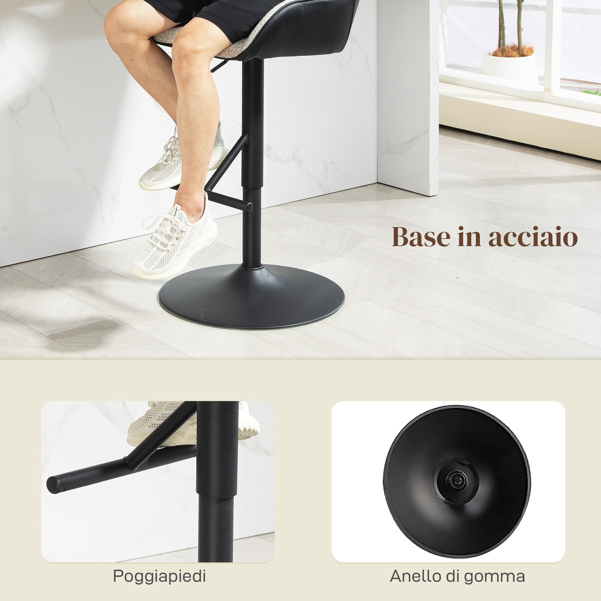 Set of 2 Bar Stools with Backrest, Footrest, and Armrests, Adjustable Swivel High Kitchen Stools in Fabric and PU with Non-Slip Base for Counter, Restaurant, Light Gray