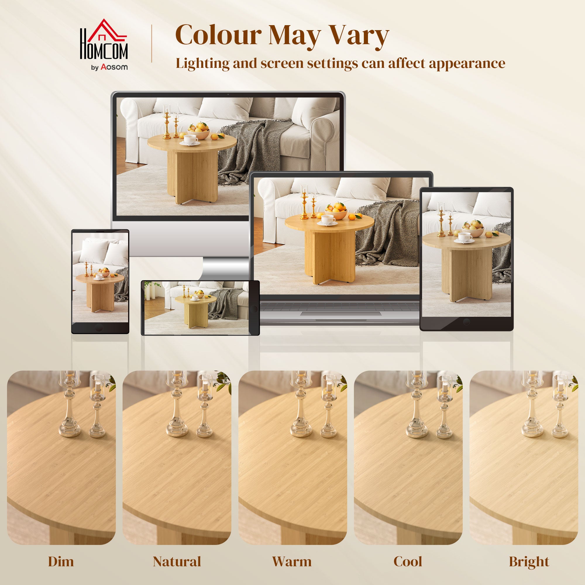 Round Bamboo Coffee Table Ø26 in Modern Living Room Table with Cross Base, Supports up to 265 lb, Natural