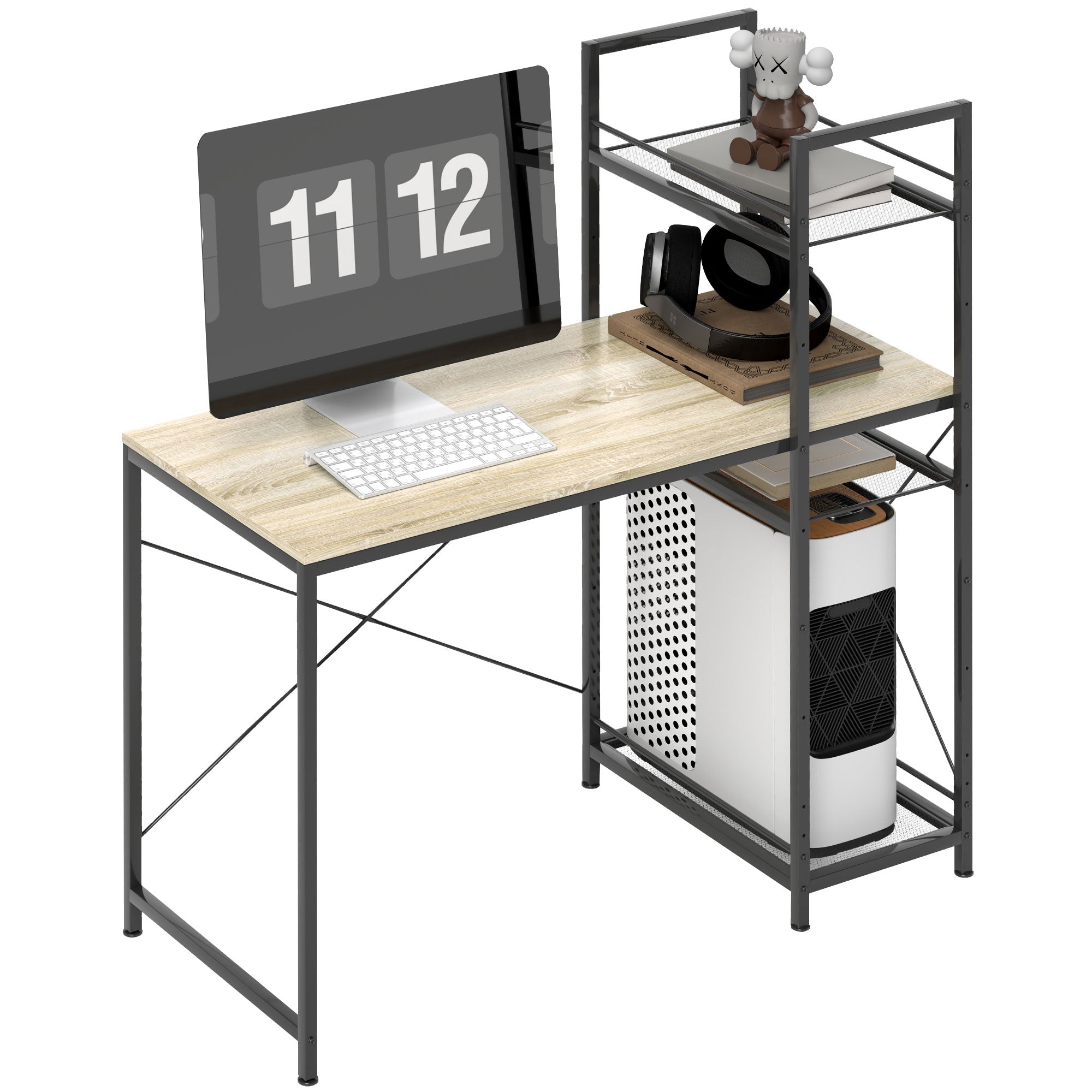 Industrial Reversible Bookshelf Desk Steel Frame Study Table for Home Office Bedroom 110x53x115.5 cm Oak and Black