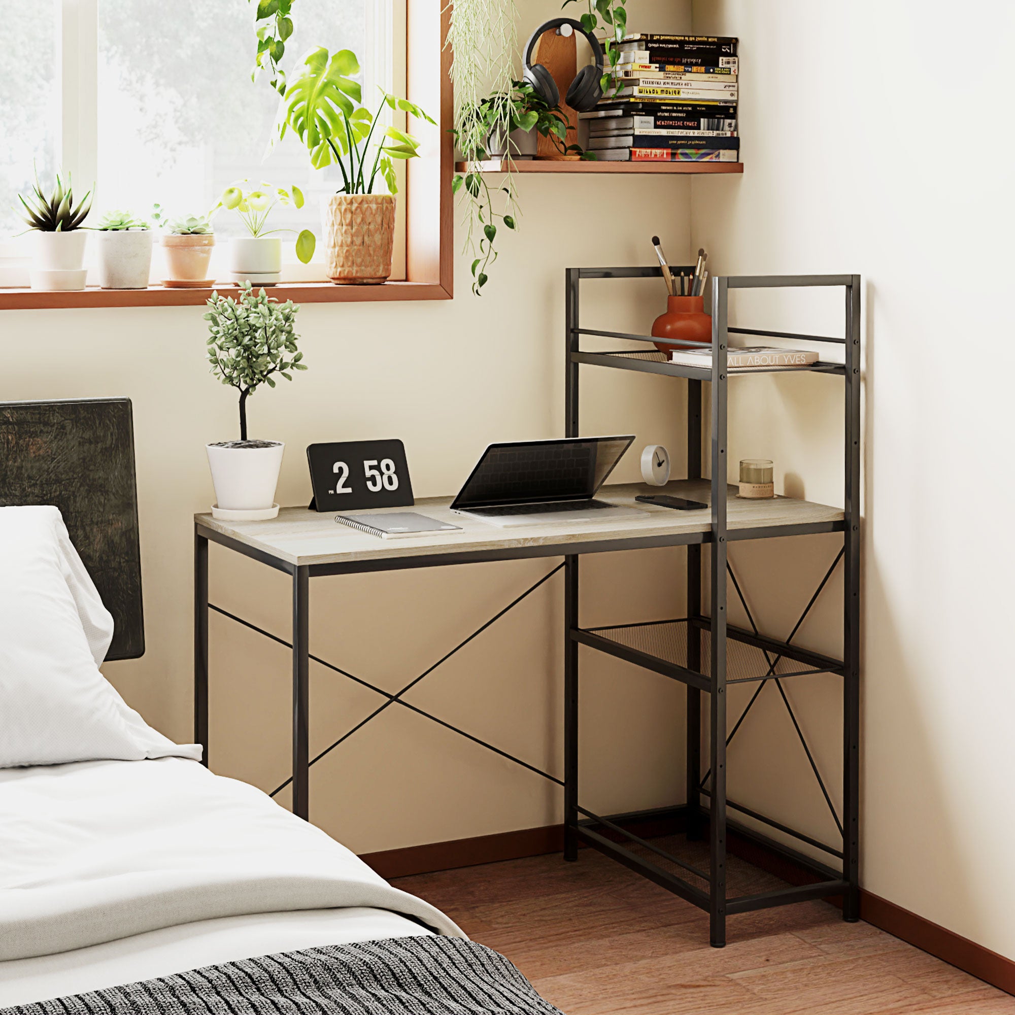 Industrial Reversible Bookshelf Desk Steel Frame Study Table for Home Office Bedroom 110x53x115.5 cm Oak and Black