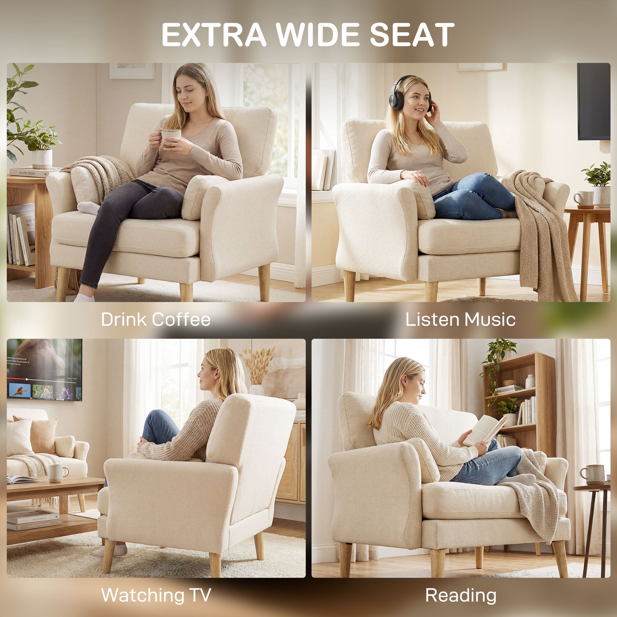 Modern Armchair with Armrests, 32.7" Wide Velvet-Look Seat, Padded Accent Chair with Cushion & Wood Legs, Cream