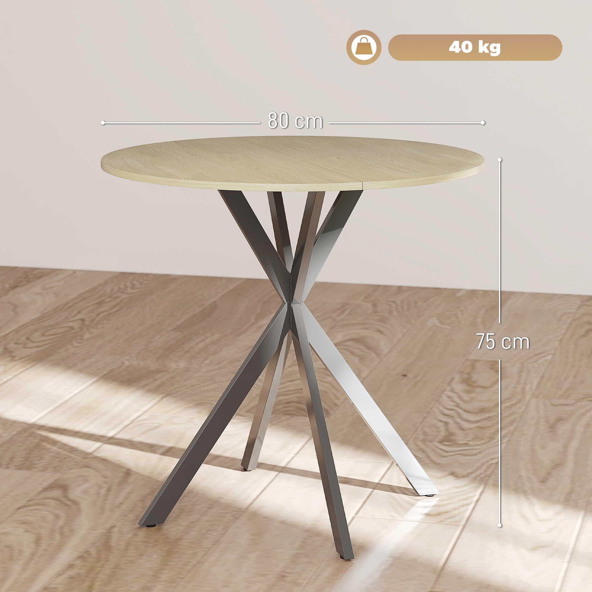 Round Dining Table Ø80cm Dining Room Table in Industrial Style with Steel Legs, Kitchen Table for Dining Room, Kitchen, Home Office, White Oak