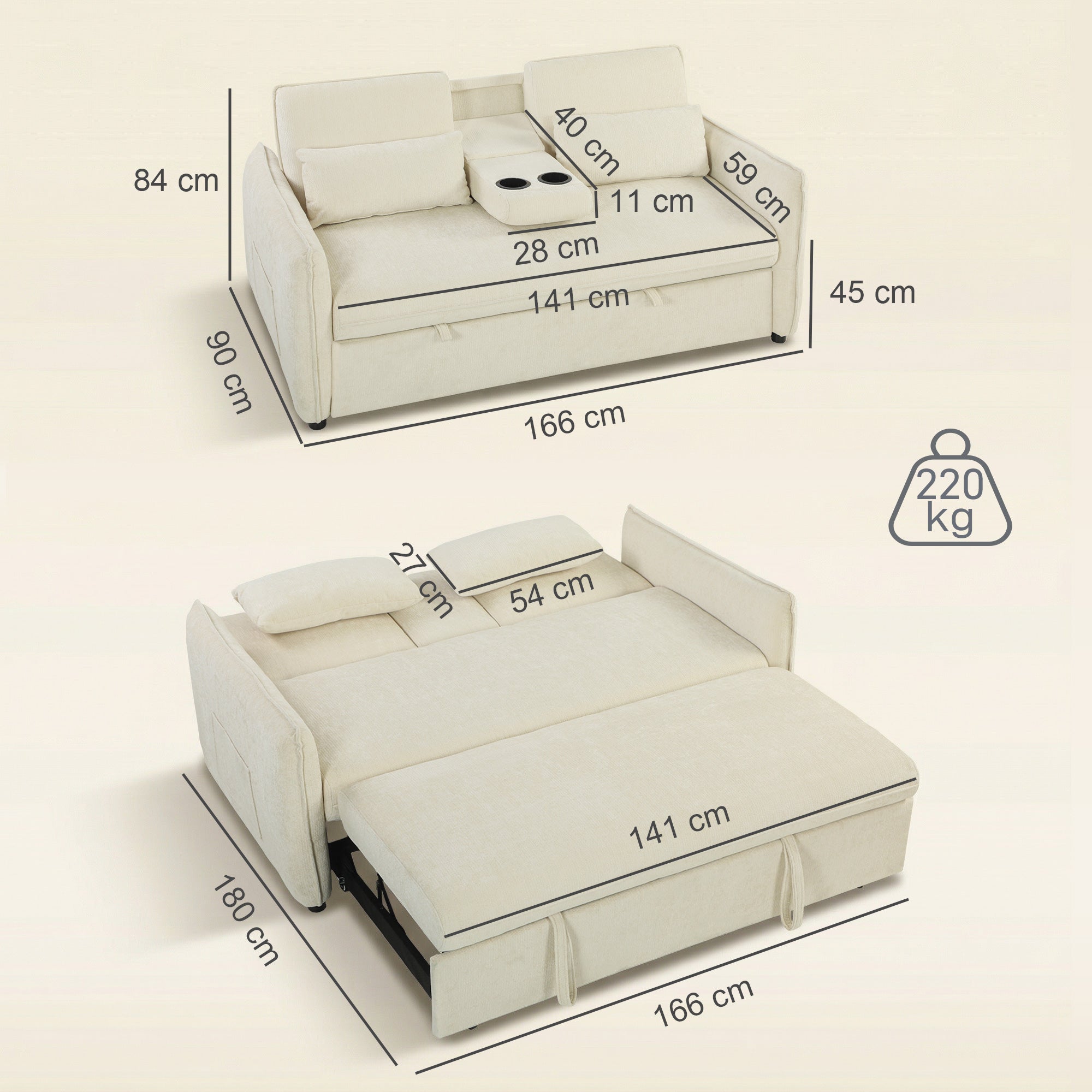 2-Seater 3‑in‑1 Convertible Chenille Sofa Bed with Adjustable Backrest, Cup Holders & Side Pockets — Beige