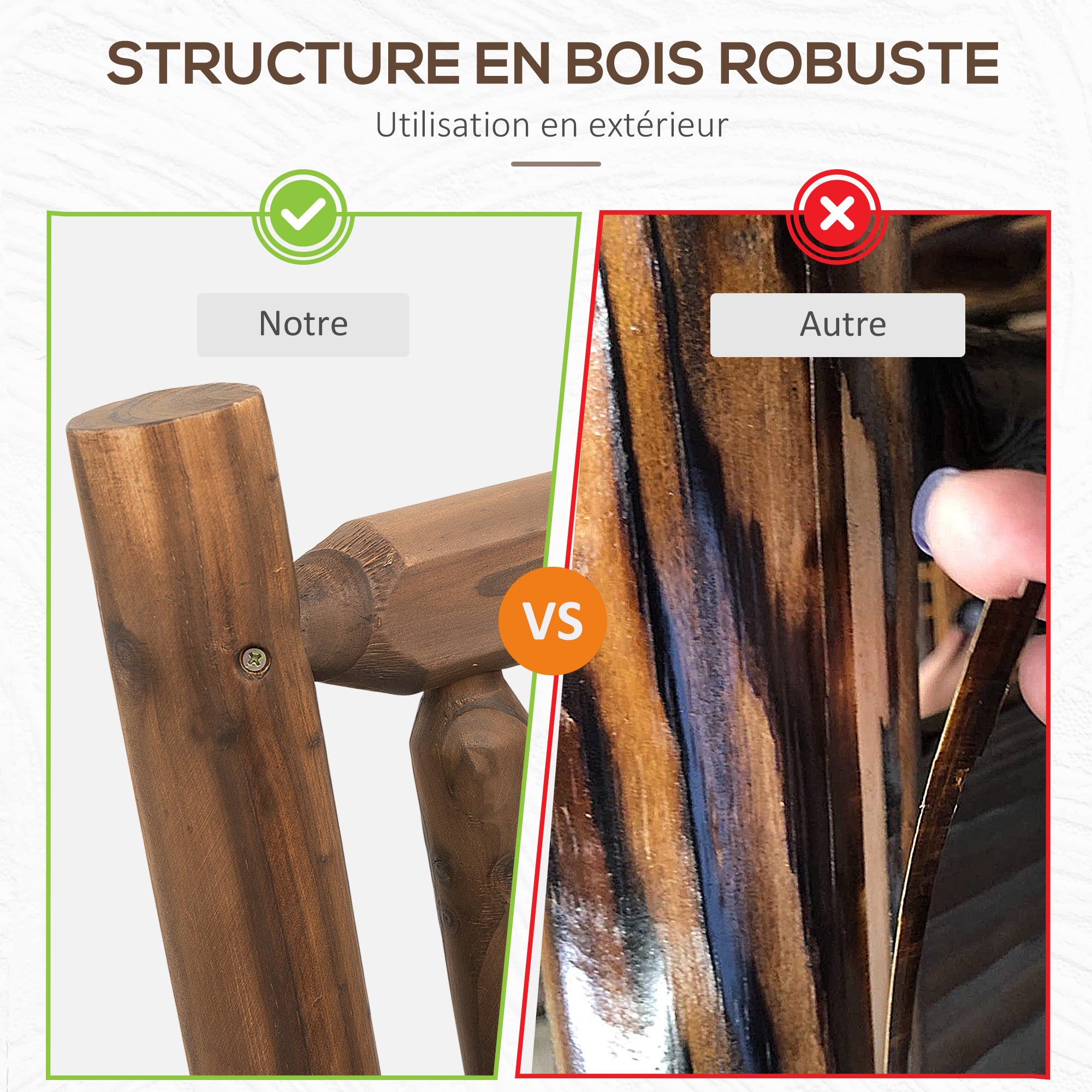 2-Seater Rocking Garden Bench Rural Chic Style Structure Backrest Armrests Shaped like Wood Logs Slatted Seat Pine treated carbonization