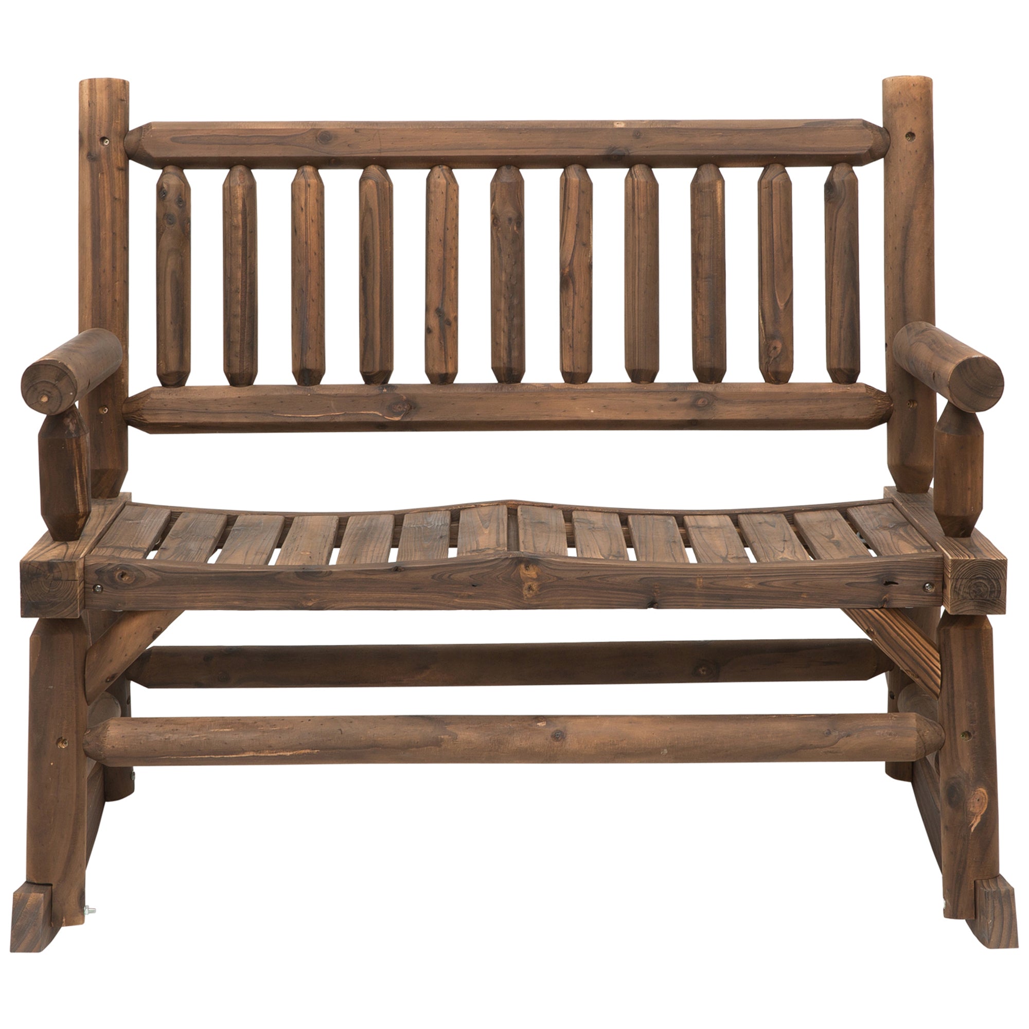 2-Seater Rocking Garden Bench Rural Chic Style Structure Backrest Armrests Shaped like Wood Logs Slatted Seat Pine treated carbonization