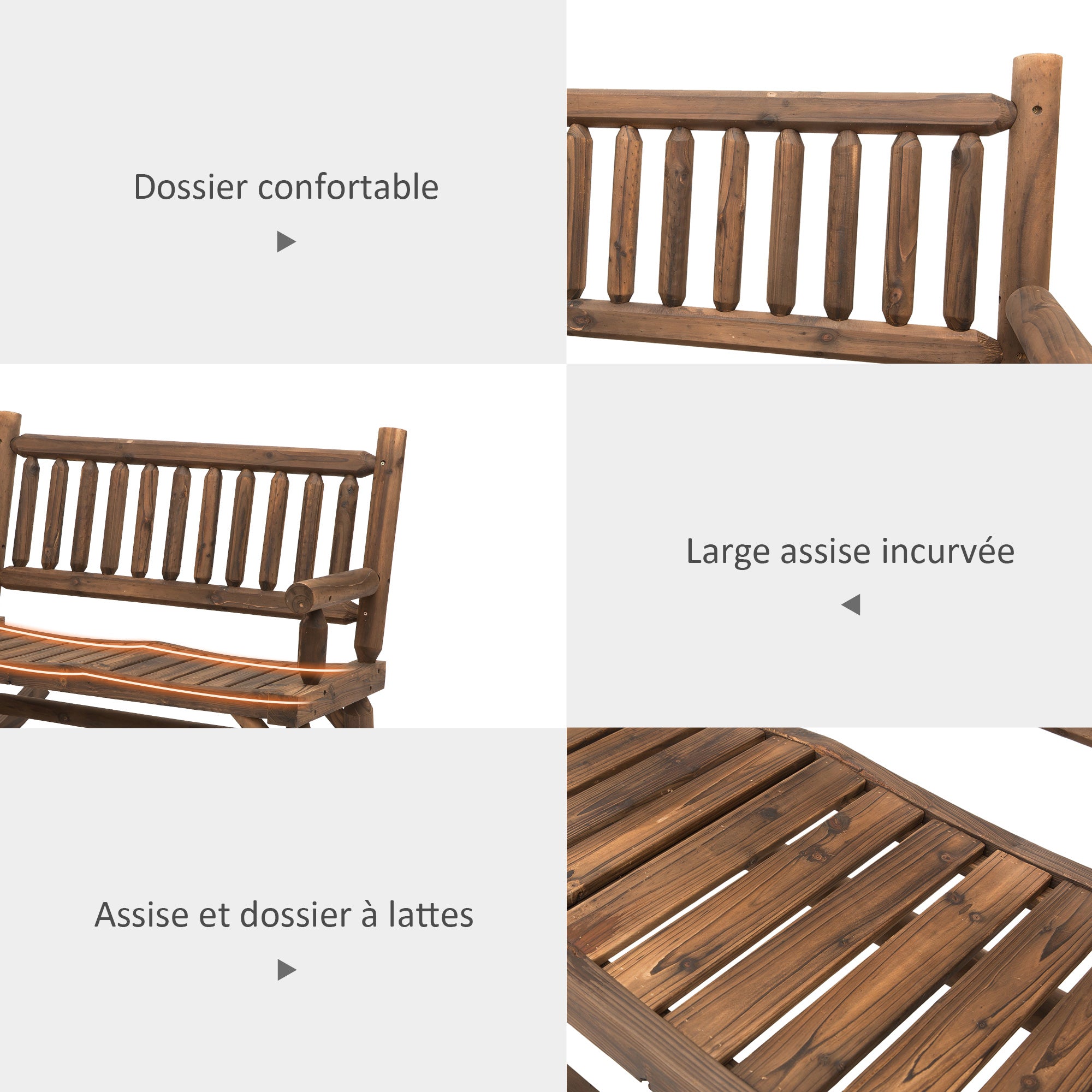 2-Seater Rocking Garden Bench Rural Chic Style Structure Backrest Armrests Shaped like Wood Logs Slatted Seat Pine treated carbonization