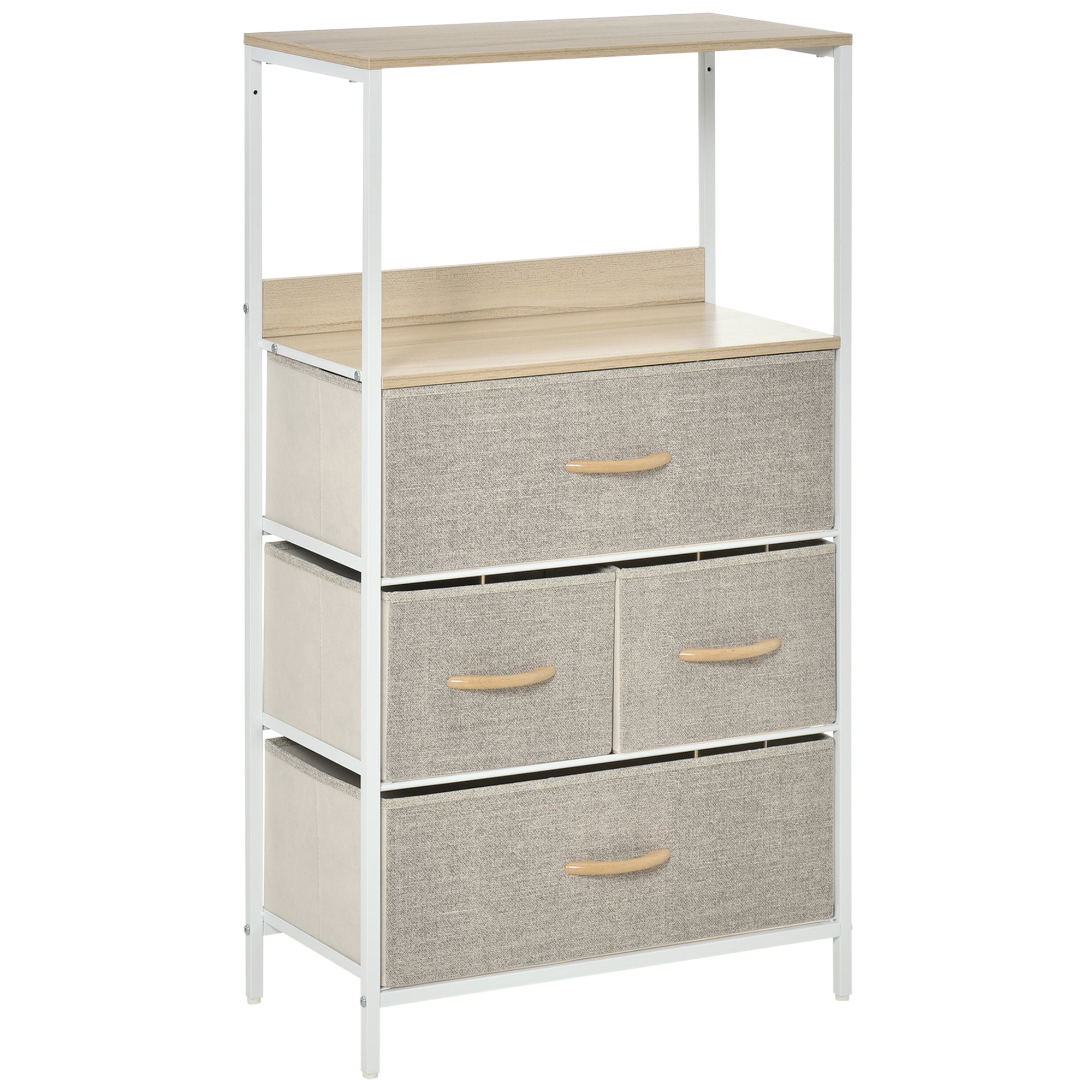 Bedroom Dresser Storage Cabinet 4 Fabric Foldable and Removable Drawers with Open Shelves and Metal Frame, Chest of Drawers for Living Room, Bedroom, Entryway, Light Gray