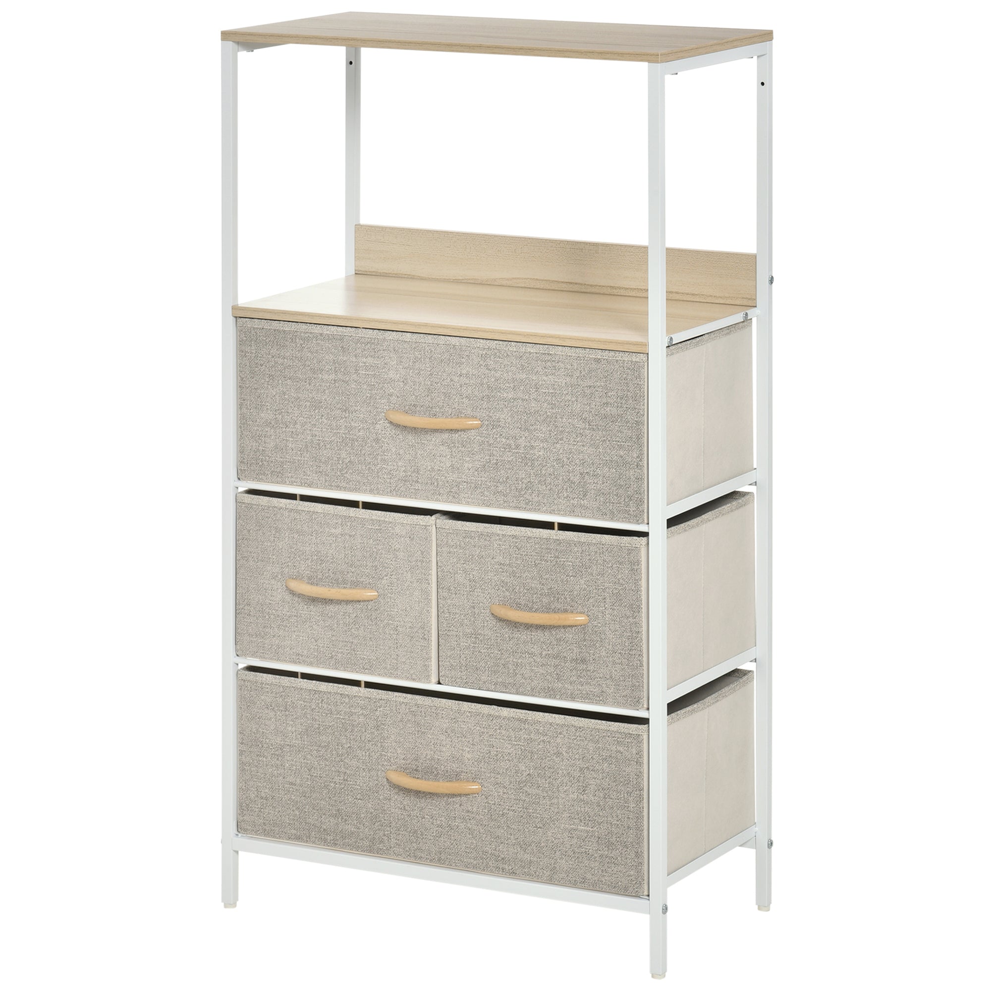 Bedroom Dresser Storage Cabinet 4 Fabric Foldable and Removable Drawers with Open Shelves and Metal Frame, Chest of Drawers for Living Room, Bedroom, Entryway, Light Gray