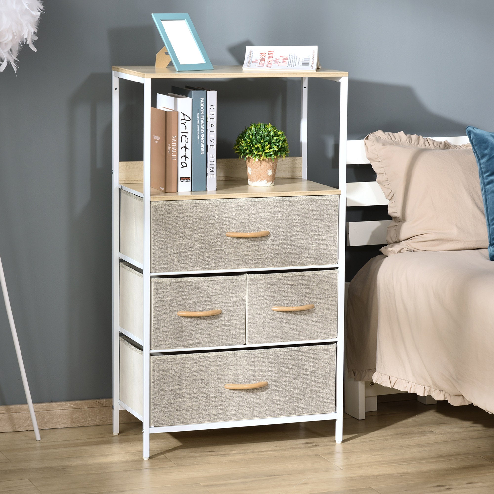 Bedroom Dresser Storage Cabinet 4 Fabric Foldable and Removable Drawers with Open Shelves and Metal Frame, Chest of Drawers for Living Room, Bedroom, Entryway, Light Gray