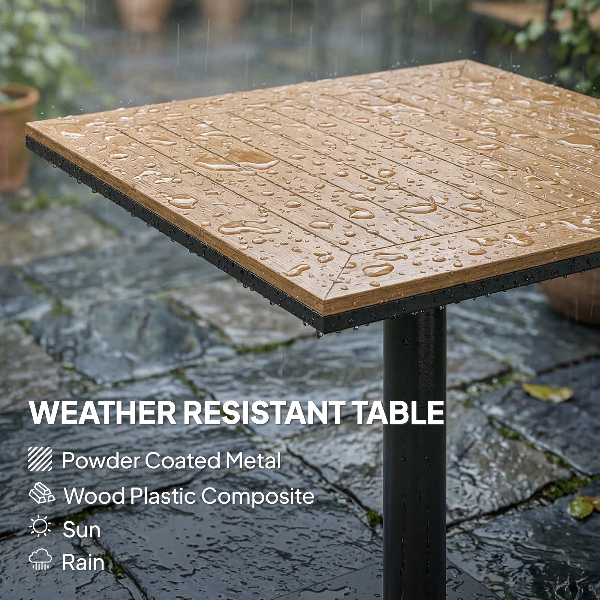 Square Balcony Table 70 x 70 cm (27.6 x 27.6 in) — 74 cm (29.1 in) High, Wood-Look WPC Top & Metal Frame, 30 kg (66 lb) Capacity — Natural Wood