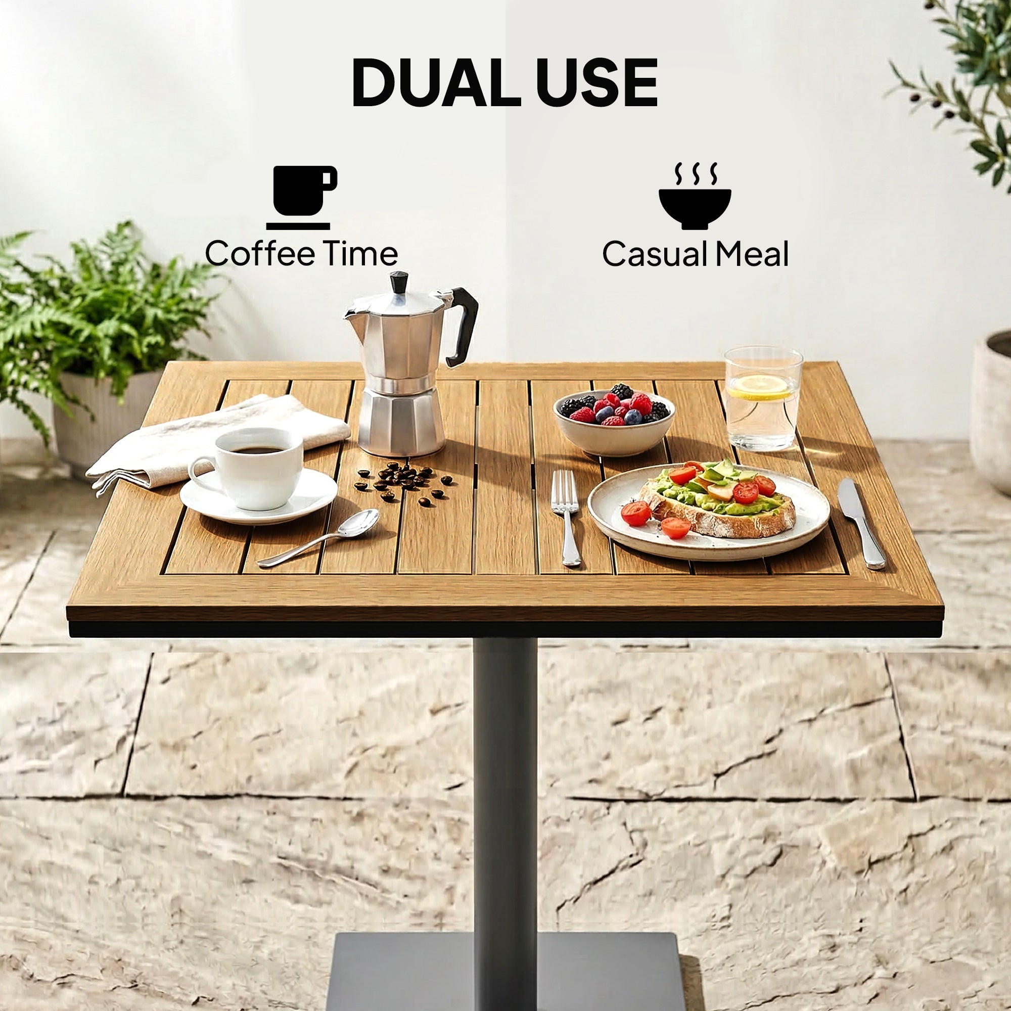 Square Balcony Table 70 x 70 cm (27.6 x 27.6 in) — 74 cm (29.1 in) High, Wood-Look WPC Top & Metal Frame, 30 kg (66 lb) Capacity — Natural Wood