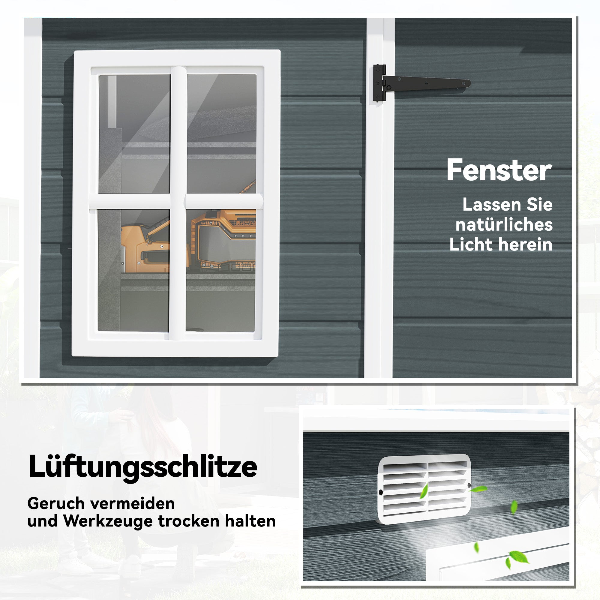 Garden Shed 3.2 m² (34.5 ft²), 303×123×197 cm (9'11" x 4'0" x 6'6") — Plastic Storage Shed with Windows, Double Doors, Lockable Vent, Wood-Look Floor (Gray)