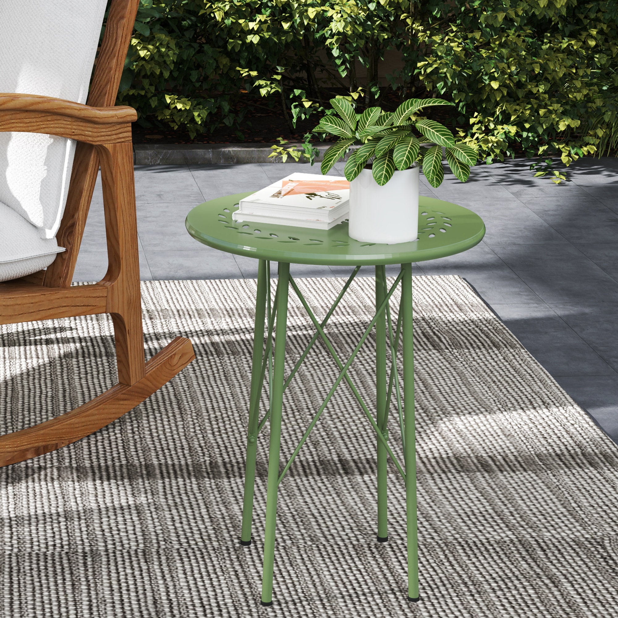 Small Round Side Table, Garden Table, with Flower and Leaf Pattern, for Patio, Living Room, Balcony made of Steel, Green