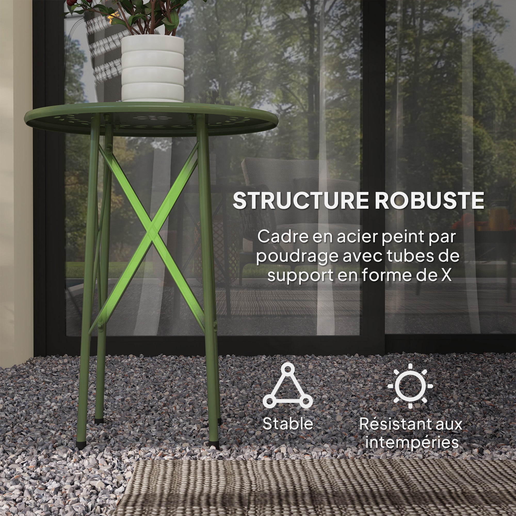 Small Round Side Table, Garden Table, with Flower and Leaf Pattern, for Patio, Living Room, Balcony made of Steel, Green