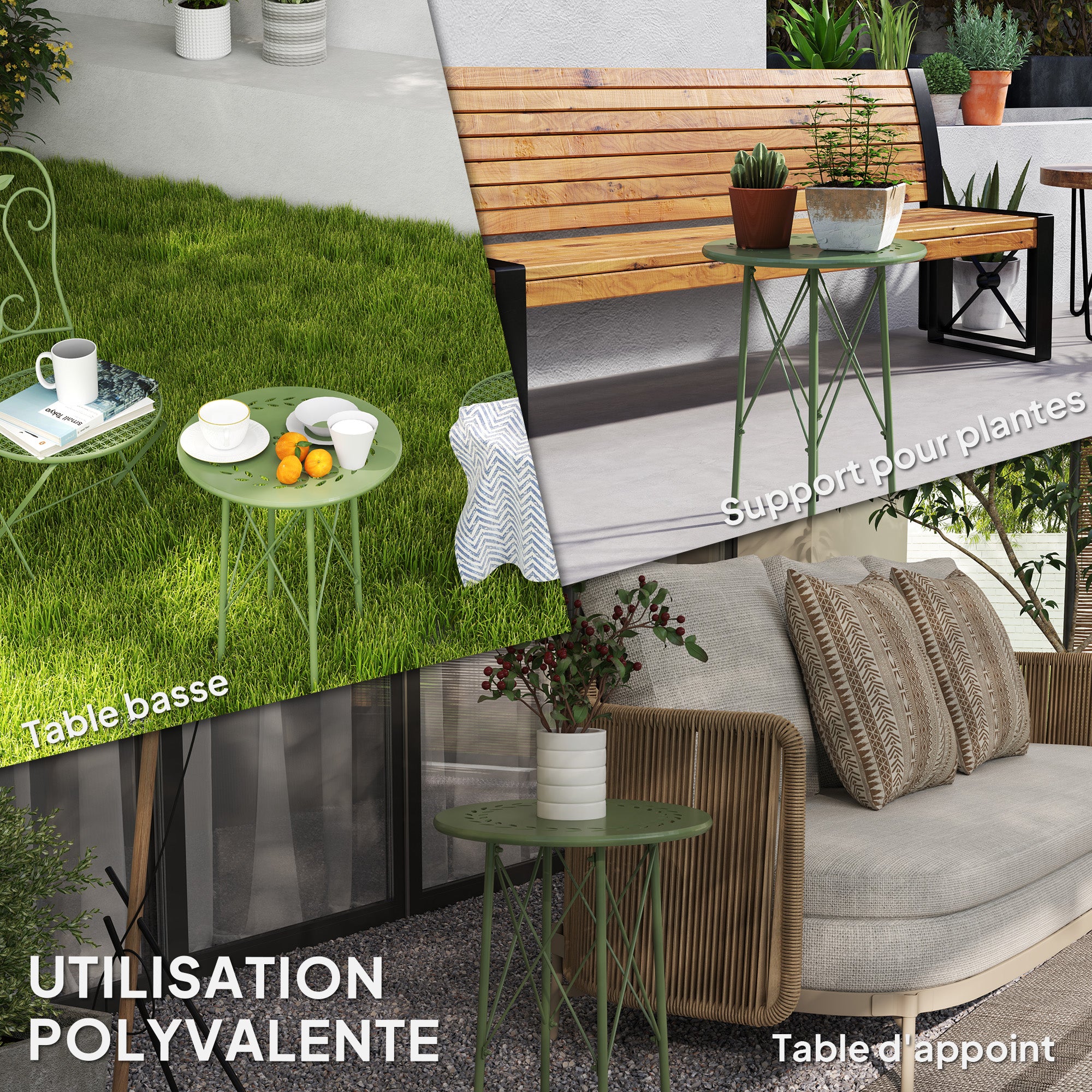 Small Round Side Table, Garden Table, with Flower and Leaf Pattern, for Patio, Living Room, Balcony made of Steel, Green