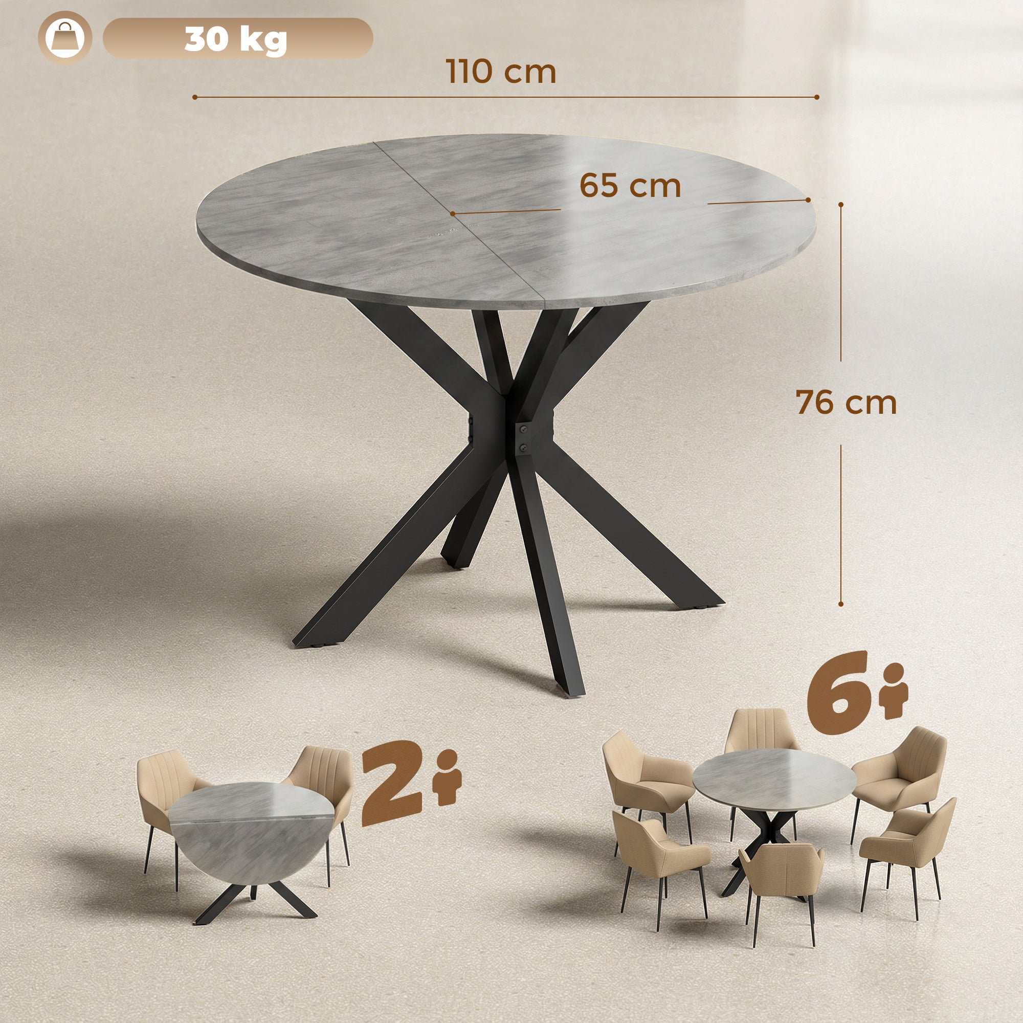 Round Folding Dining Table, Seats 2–6, Steel Spider-Leg Folding Table for Small Spaces, Dining Room, Kitchen, 43.3 x 43.3 x 29.9 in, Cement Gray
