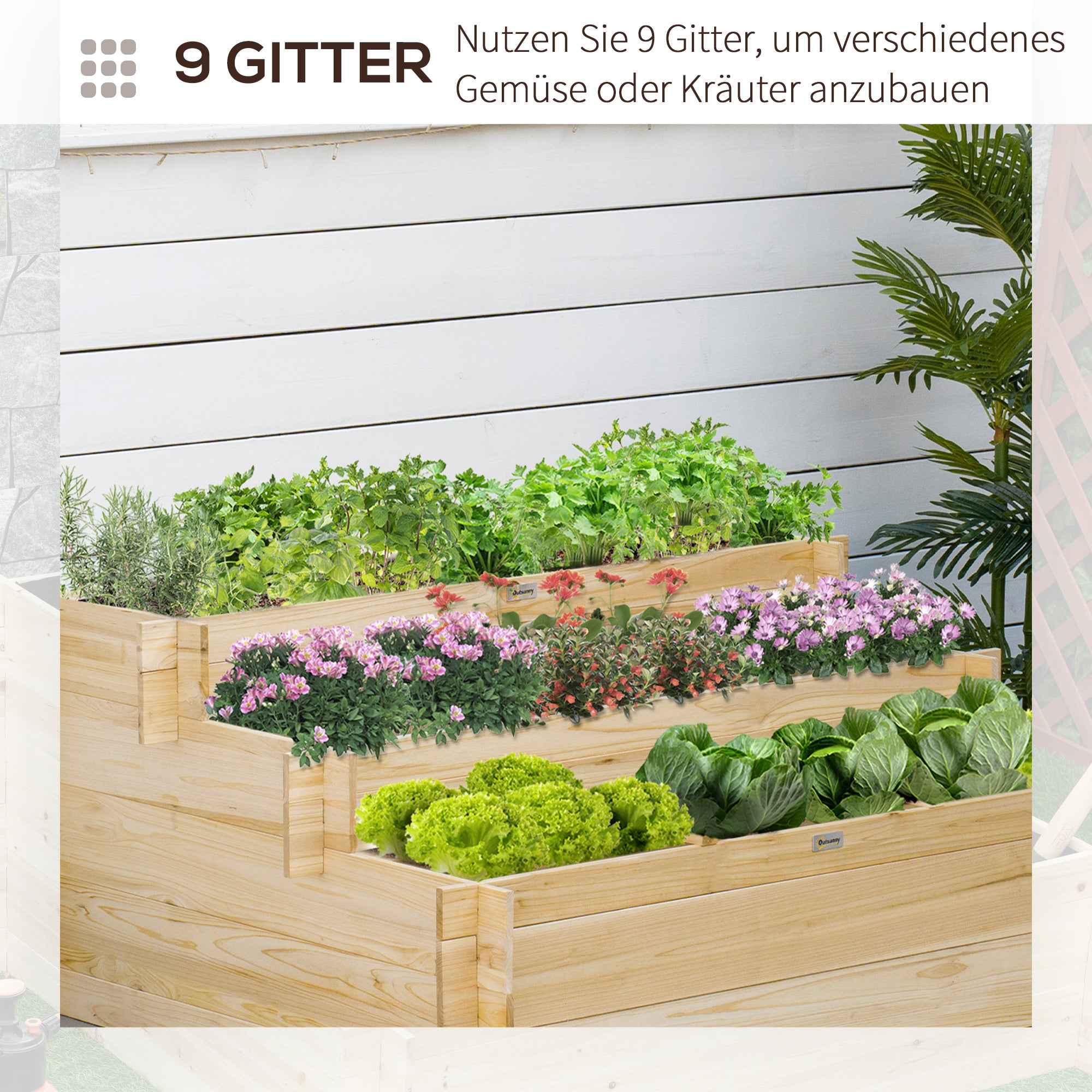 Raised Garden Bed Wood, Plant Bed Cold Frame Planter Box 117 x 100 x 54 cm for Garden Balcony Terrace, Plant Stairs for Flowers, Plants, Fruit, Vegetables