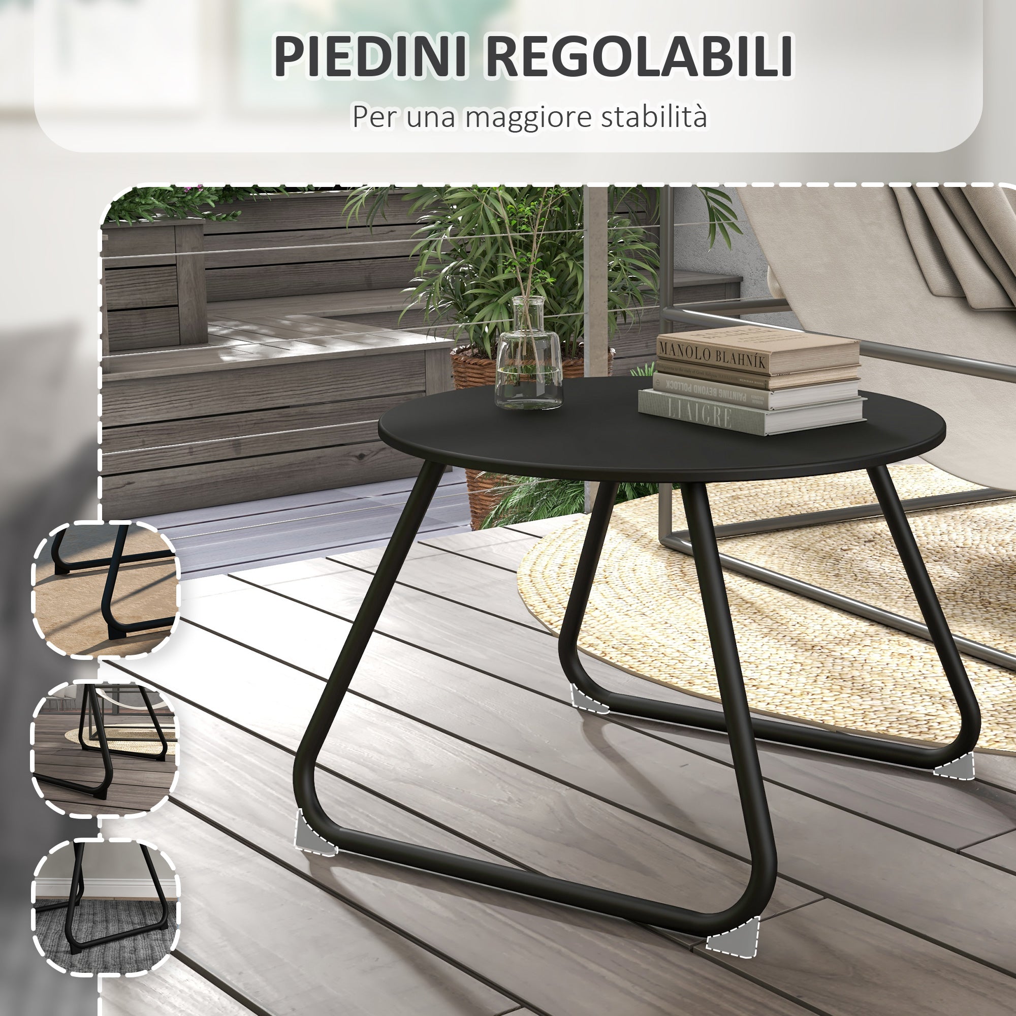 Adjustable Feet Outdoor Side Table Ø48x37 cm in Painted Metal, Black