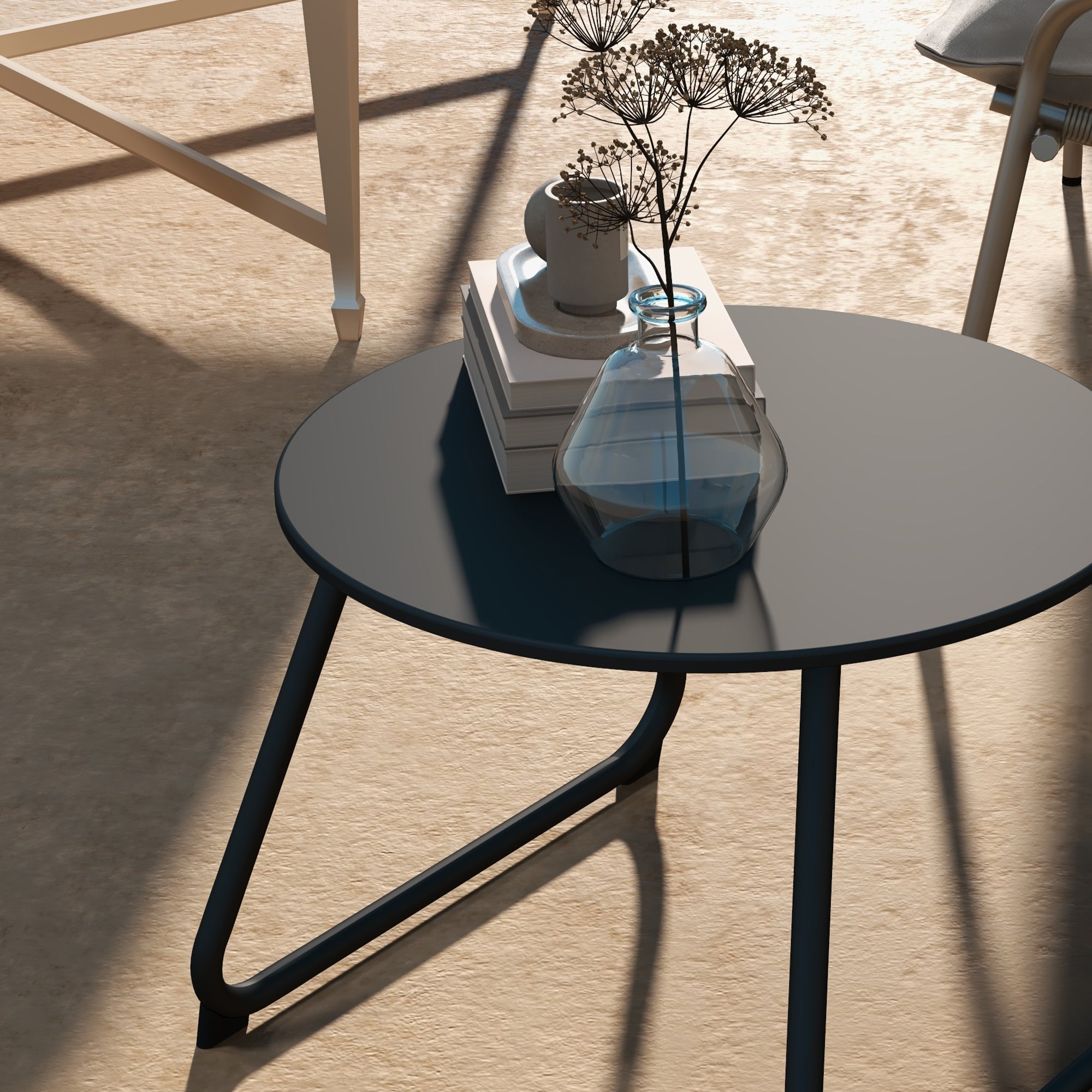 Adjustable Feet Outdoor Side Table Ø48x37 cm in Painted Metal, Black