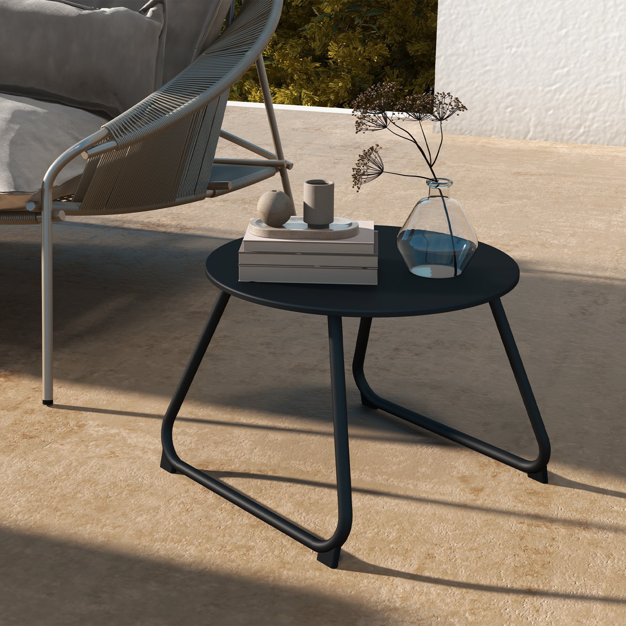 Adjustable Feet Outdoor Side Table Ø48x37 cm in Painted Metal, Black