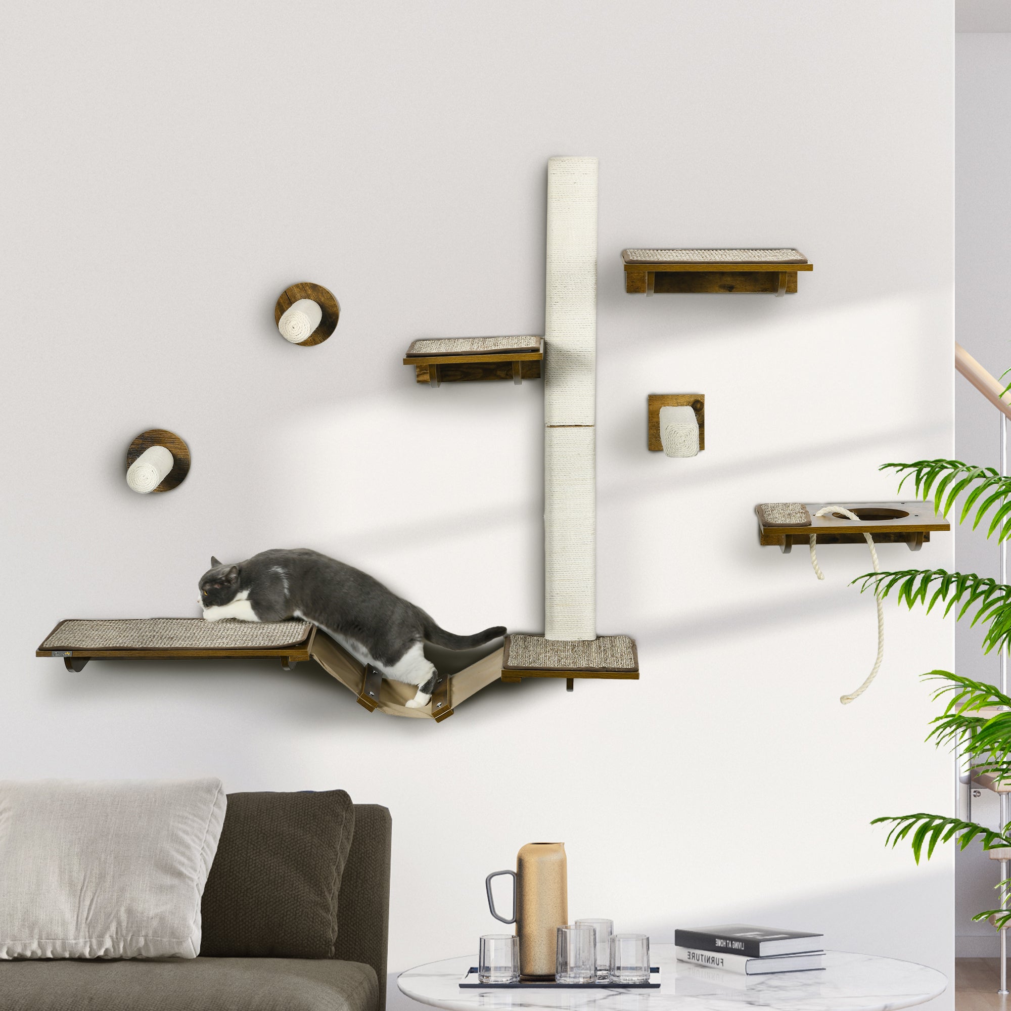 Cat Climbing Wall Set, 8-Piece Cat Furniture with Scratching Posts, Perches, Scratching Board, Cat Stairs, Sisal, Brown