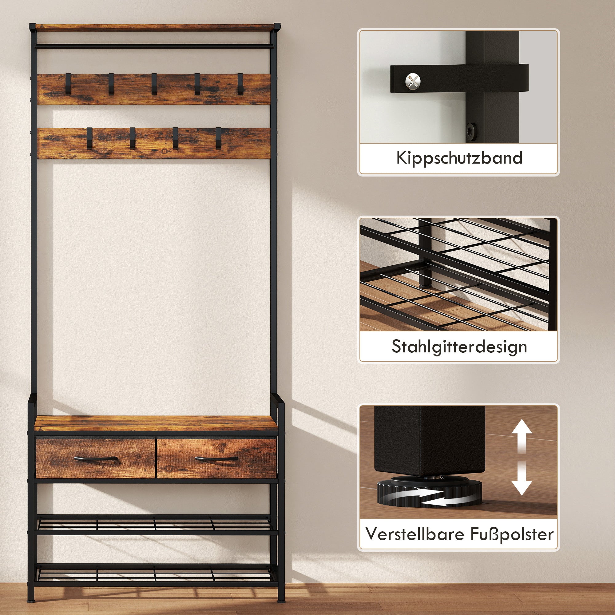 5-in-1 Hall Tree with Shoe Bench & Organizer, Industrial Steel Frame, Rustic Brown