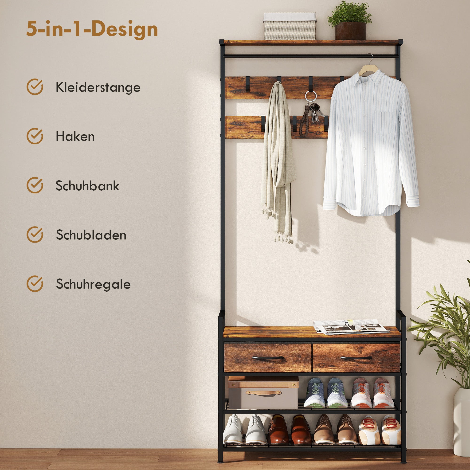 5-in-1 Hall Tree with Shoe Bench & Organizer, Industrial Steel Frame, Rustic Brown