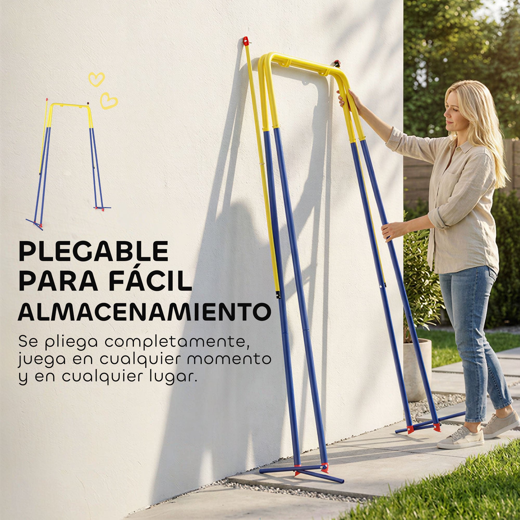 Folding Children's Swing Frame — Metal A-Frame for 1 Swing, 2 Hooks, 4 Stakes, Weather-Resistant, 110 lb Capacity, Indoor/Outdoor, 128 x 155 x 157 cm (50.4 x 61.0 x 61.8 in), Blue