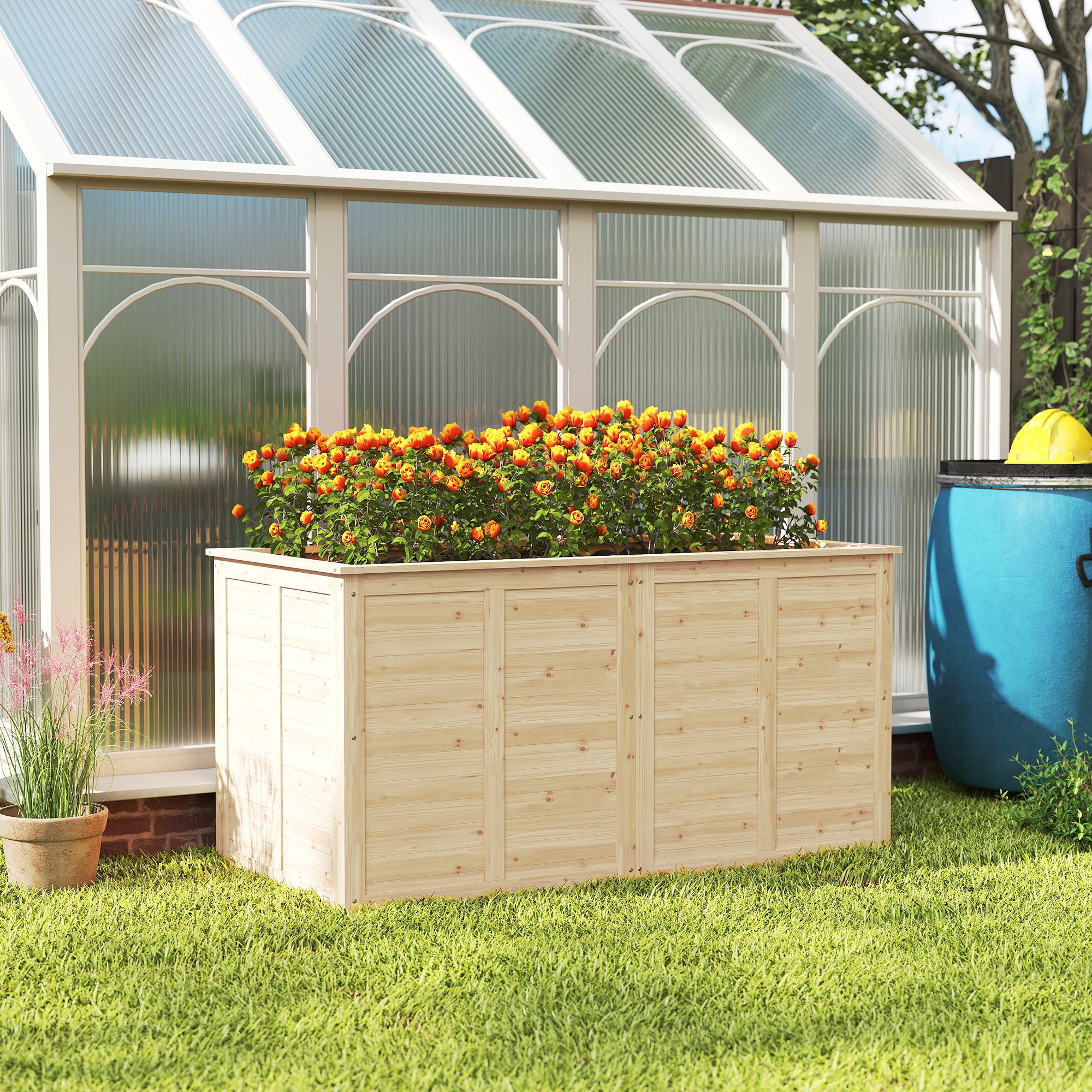 Wooden Raised Garden Bed, 152 x 77 x 77 cm, Elevated Deep Herb Planter with Open Bottom and Reinforcement Bars, Natural Finish