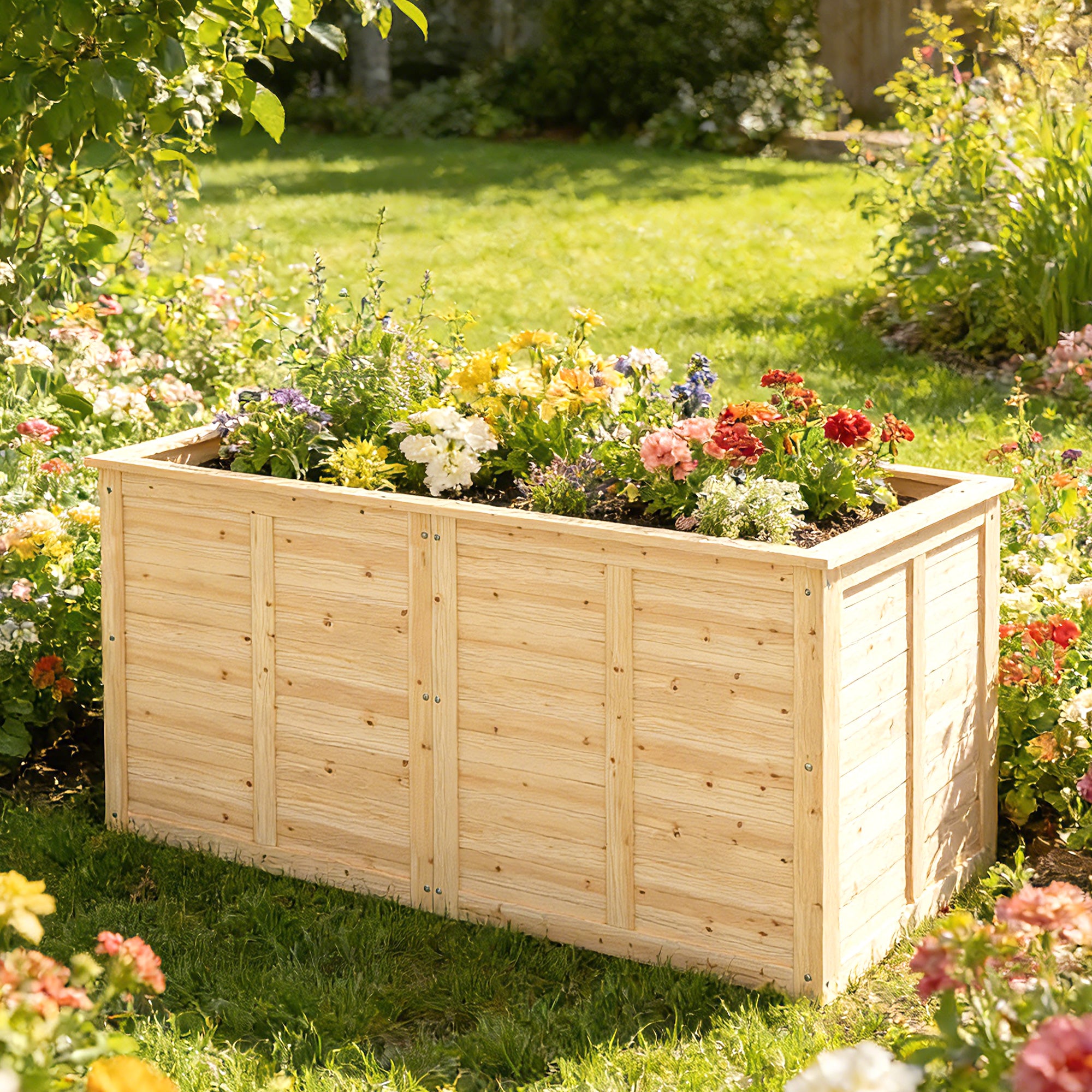 Wooden Raised Garden Bed, 152 x 77 x 77 cm, Elevated Deep Herb Planter with Open Bottom and Reinforcement Bars, Natural Finish
