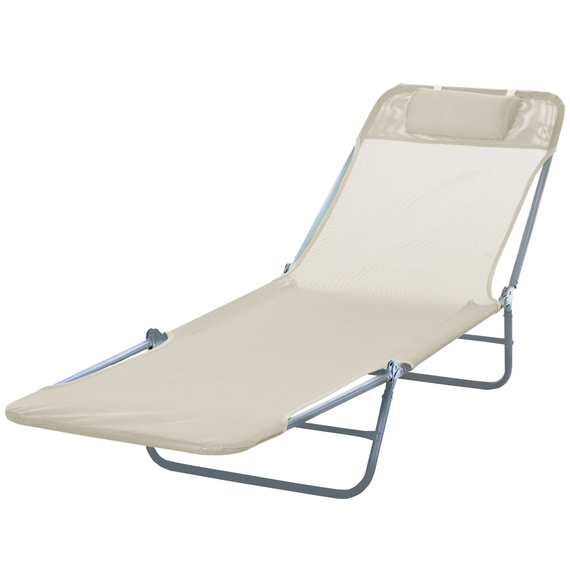 Folding Sun Lounger with Reclining Backrest and Cushion, Garden, Beach and Camping Lounger, Beige